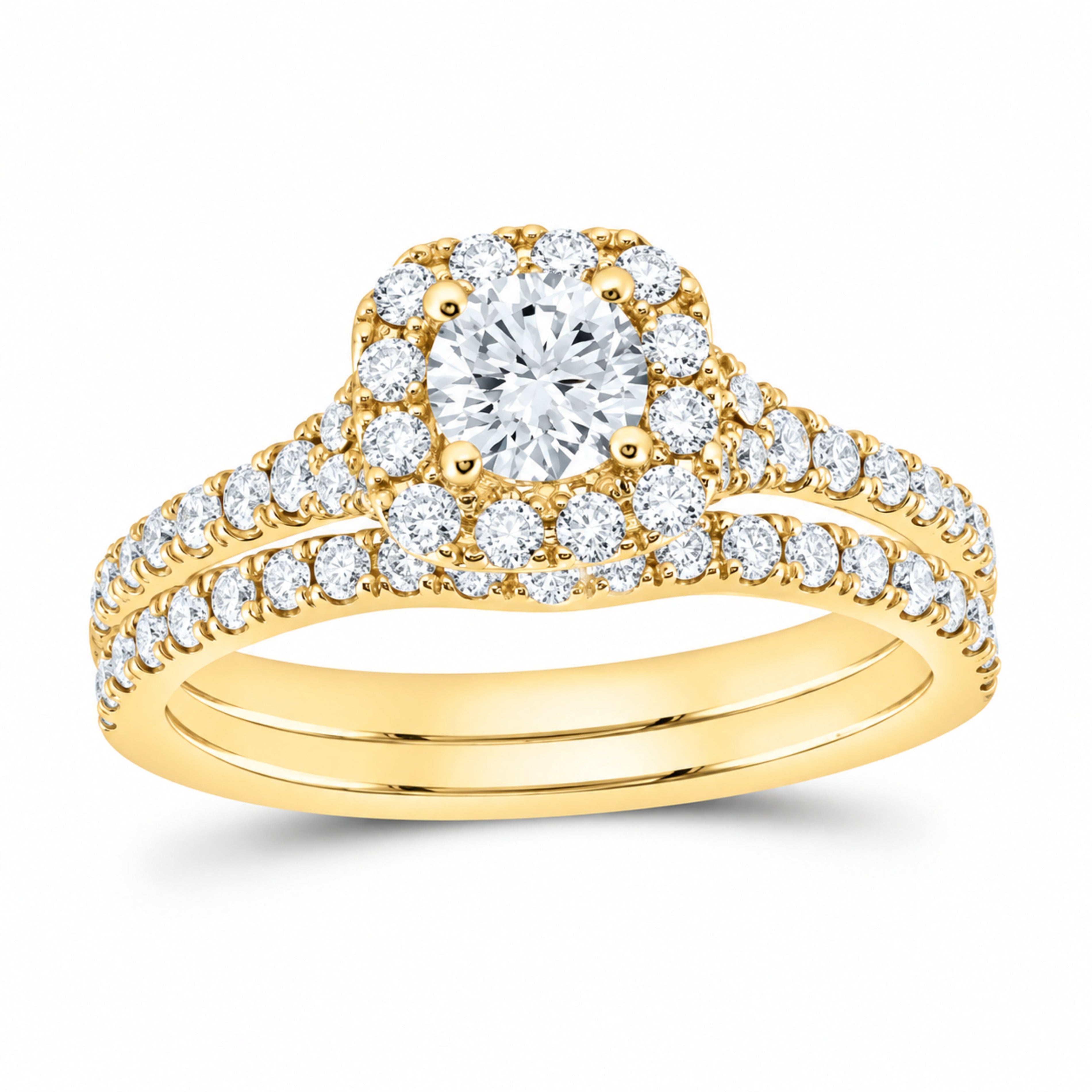 14K Yellow Gold 1 1/4 CTW Lab-Grown Diamond Round Cushion Halo Bridal Ring Set — SKU 11739