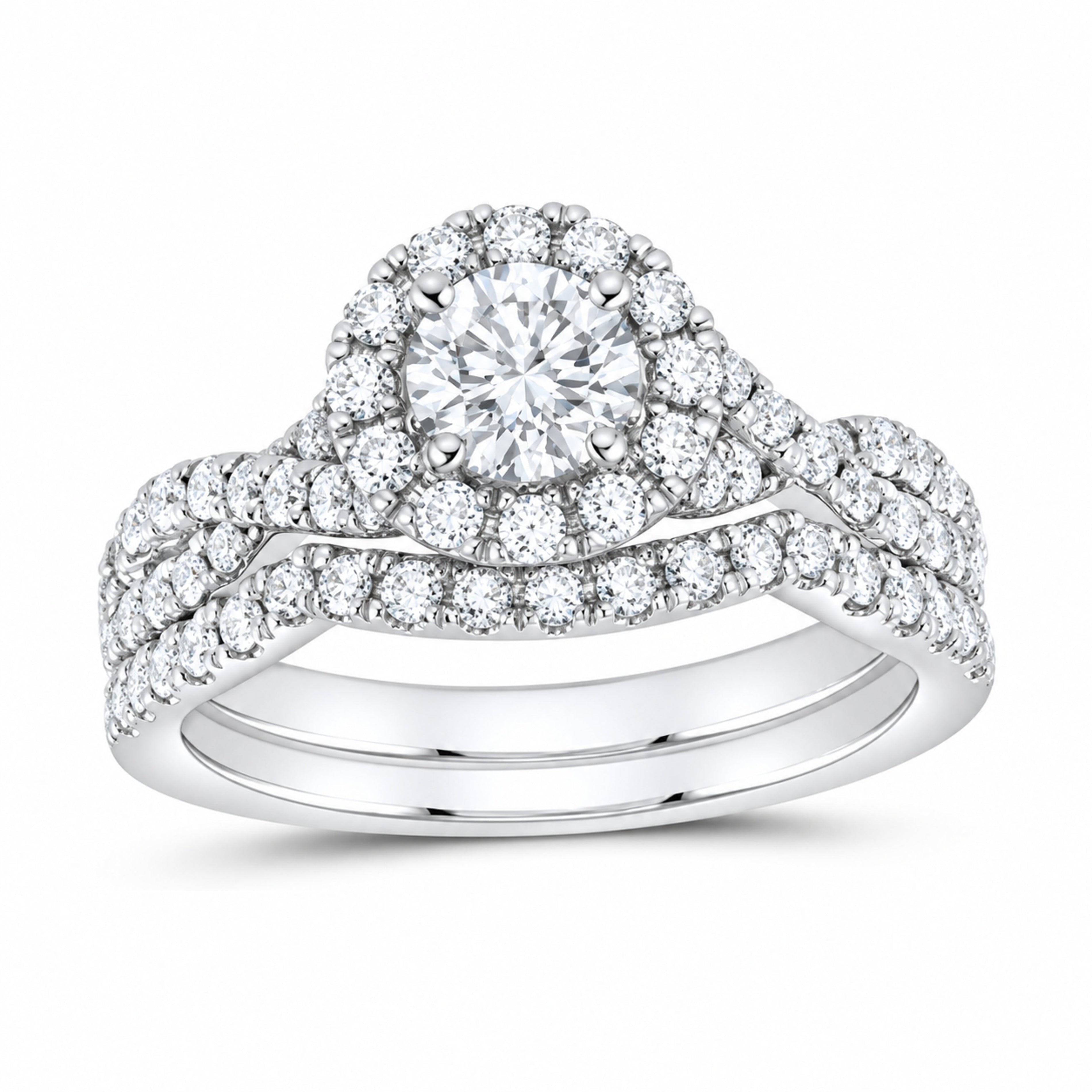 14K White Gold 1 1/4 CTW Lab-Grown Diamond Round Halo Bridal Ring Set — SKU 11742