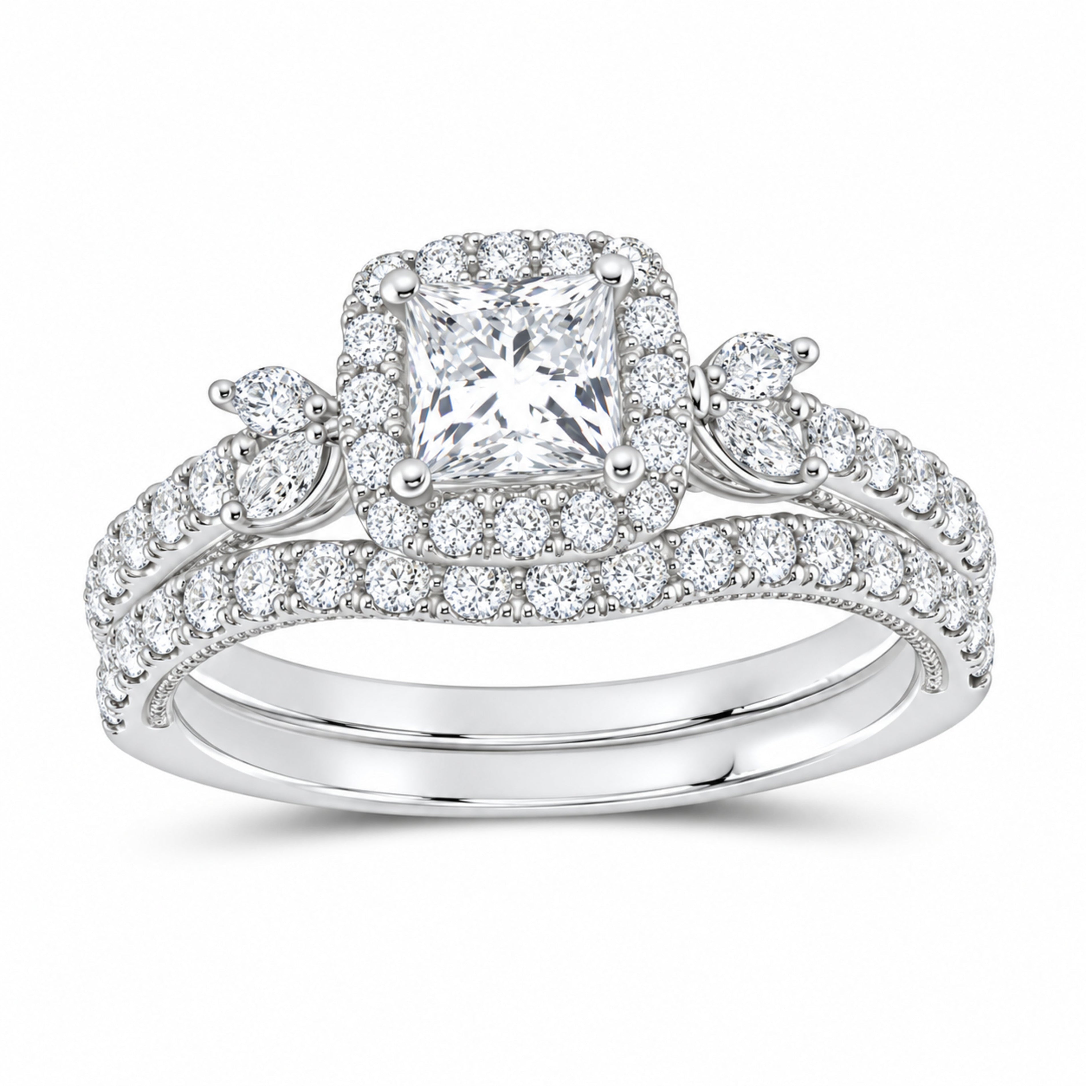 14K White Gold 1 1/2 CTW Lab-Grown Diamond Princess Halo Bridal Ring Set — SKU 11748
