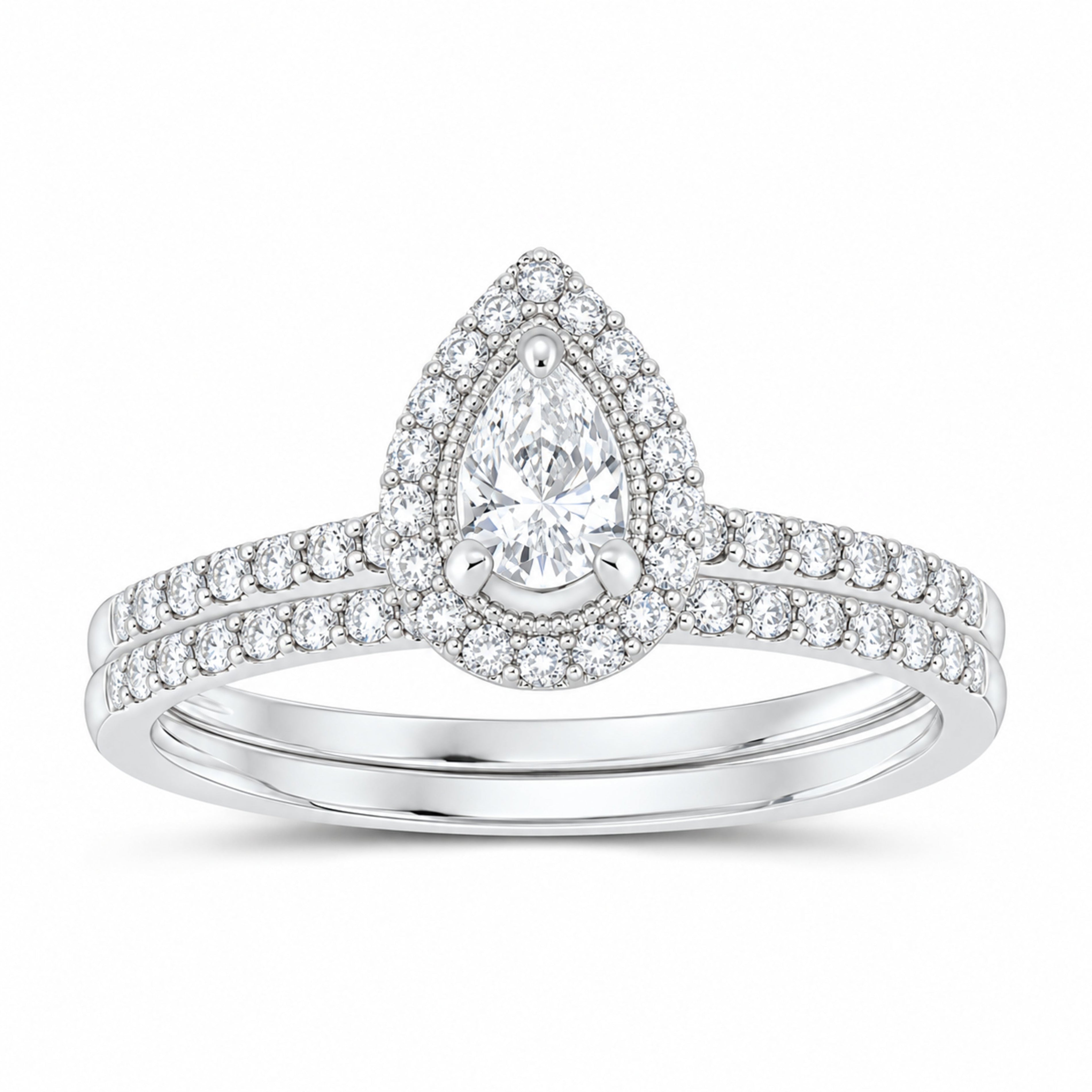 14K White Gold 1/2 CTW Lab-Grown Diamond Pear Single Halo Bridal Ring Set — SKU 11745