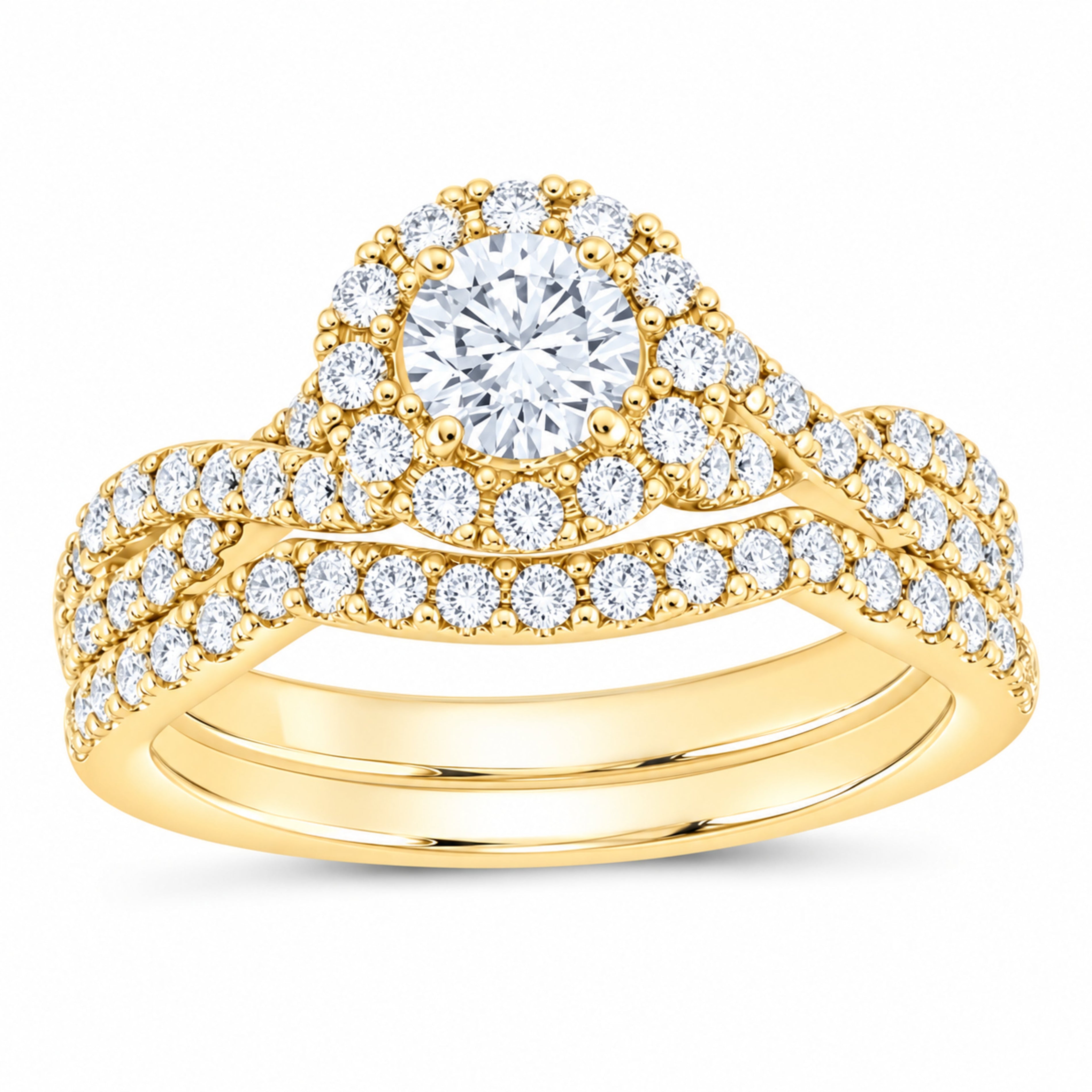 14K Yellow Gold 1 1/4 CTW Lab-Grown Diamond Round Halo Bridal Ring Set — SKU 11744