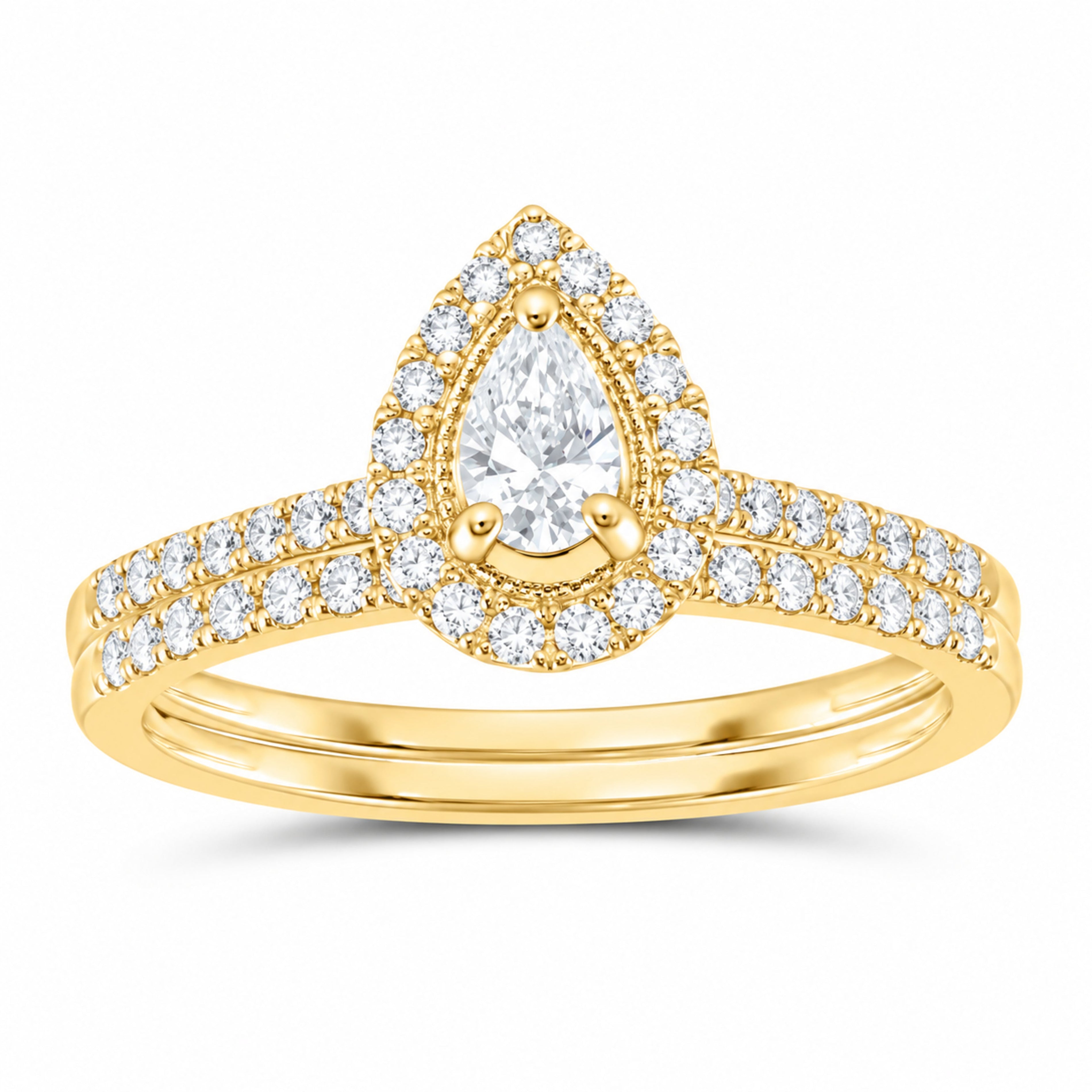 14K Yellow Gold 1/2 CTW Lab-Grown Diamond Pear Single Halo Bridal Ring Set — SKU 11749