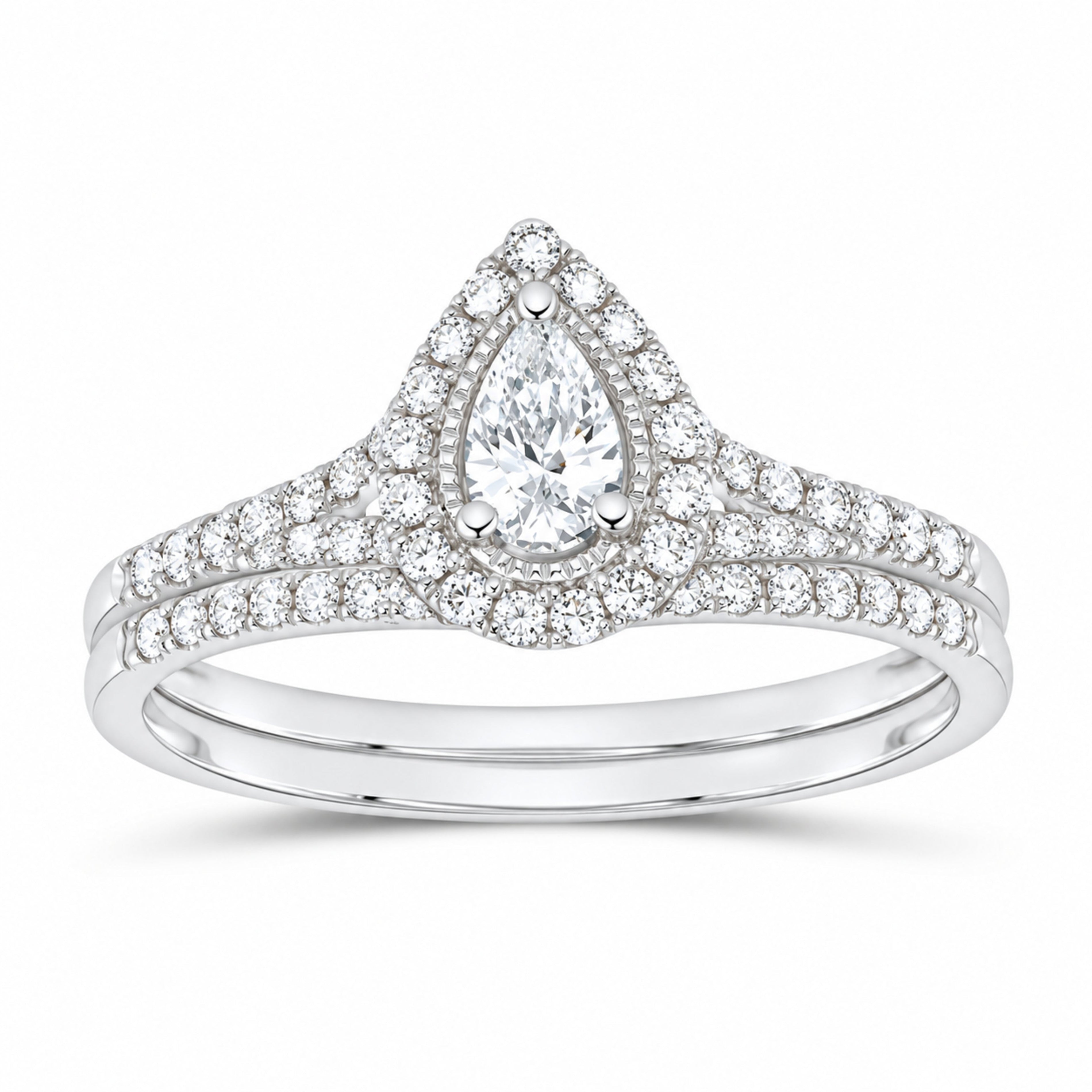 14K White Gold 1/2 CTW Lab-Grown Diamond Pear Single Halo Bridal Ring Set — SKU 11754