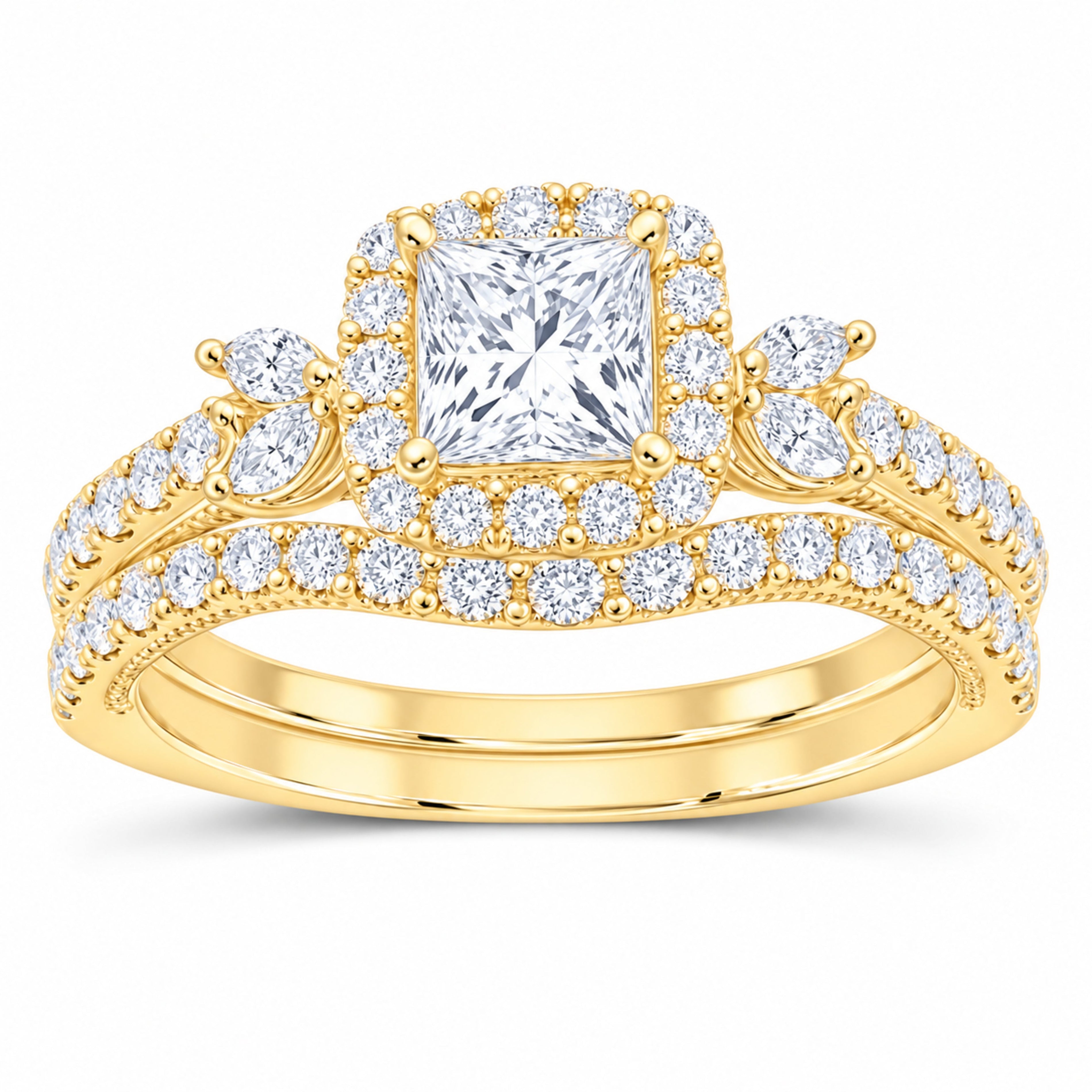 14K Yellow Gold 1 1/2 CTW Lab-Grown Diamond Princess Halo Bridal Ring Set — SKU 11755