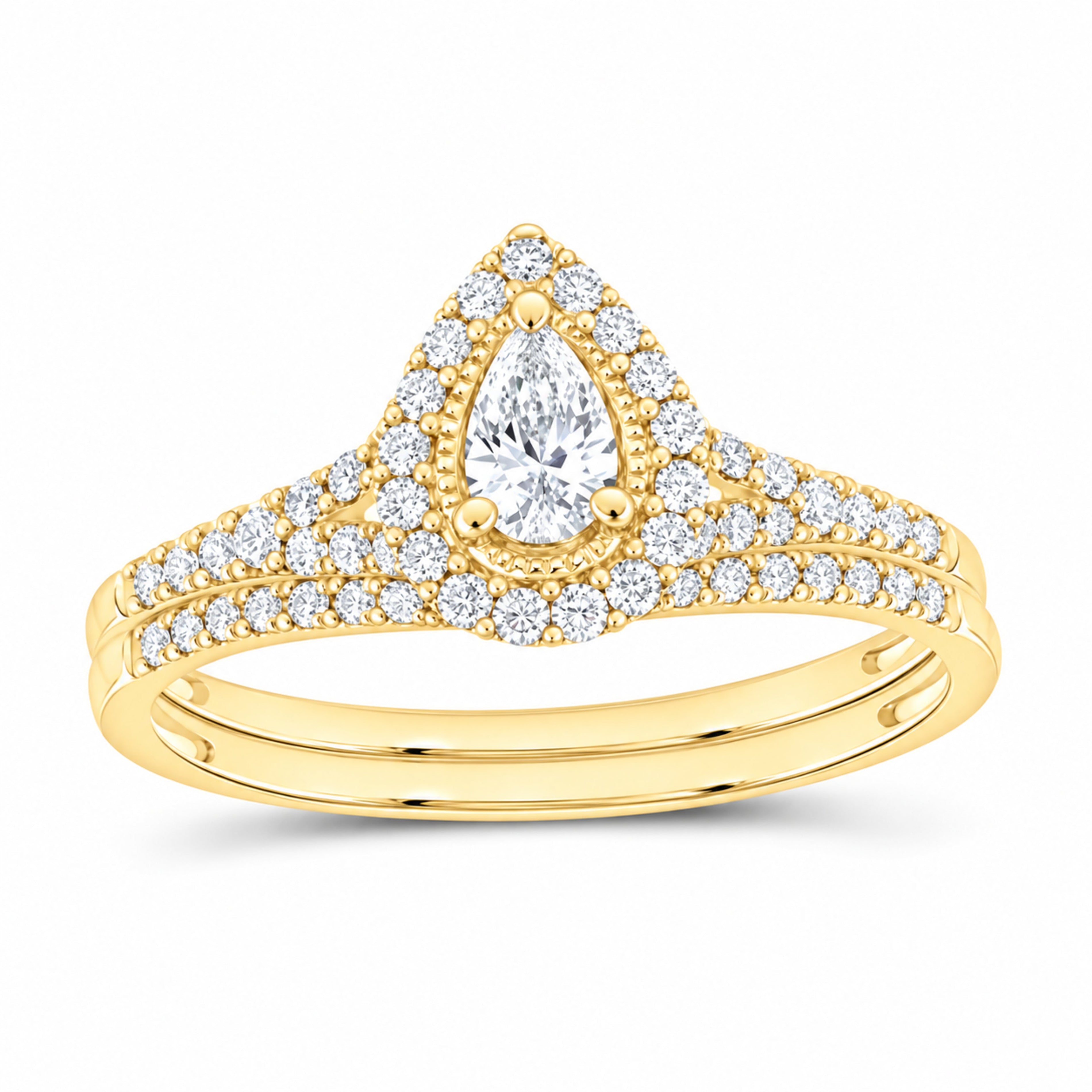 14K Yellow Gold 1/2 CTW Lab-Grown Diamond Pear Single Halo Bridal Ring Set — SKU 11756