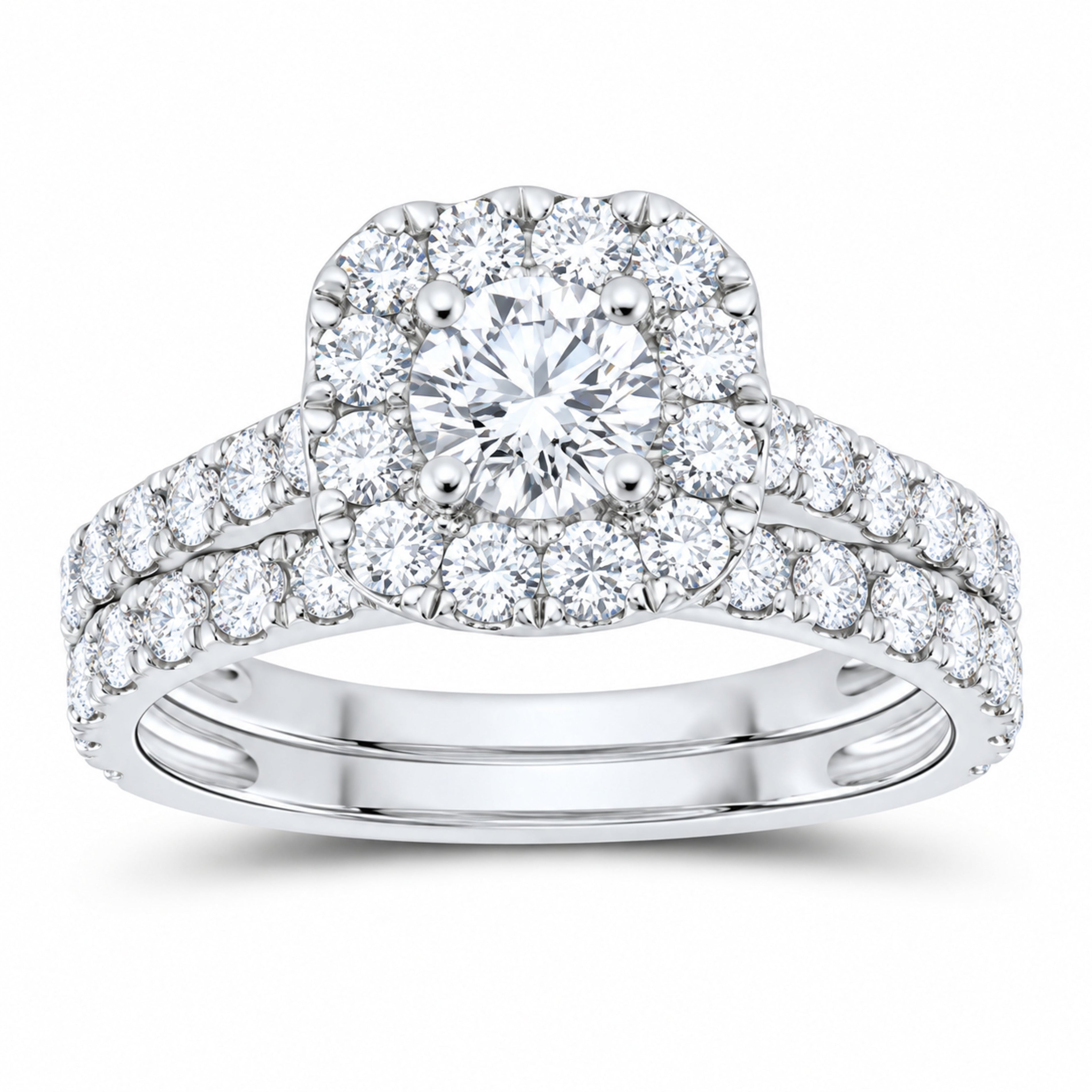 14K White Gold 1 1/2 CTW Lab-Grown Diamond Round Cushion Halo Bridal Ring Set — SKU 11758