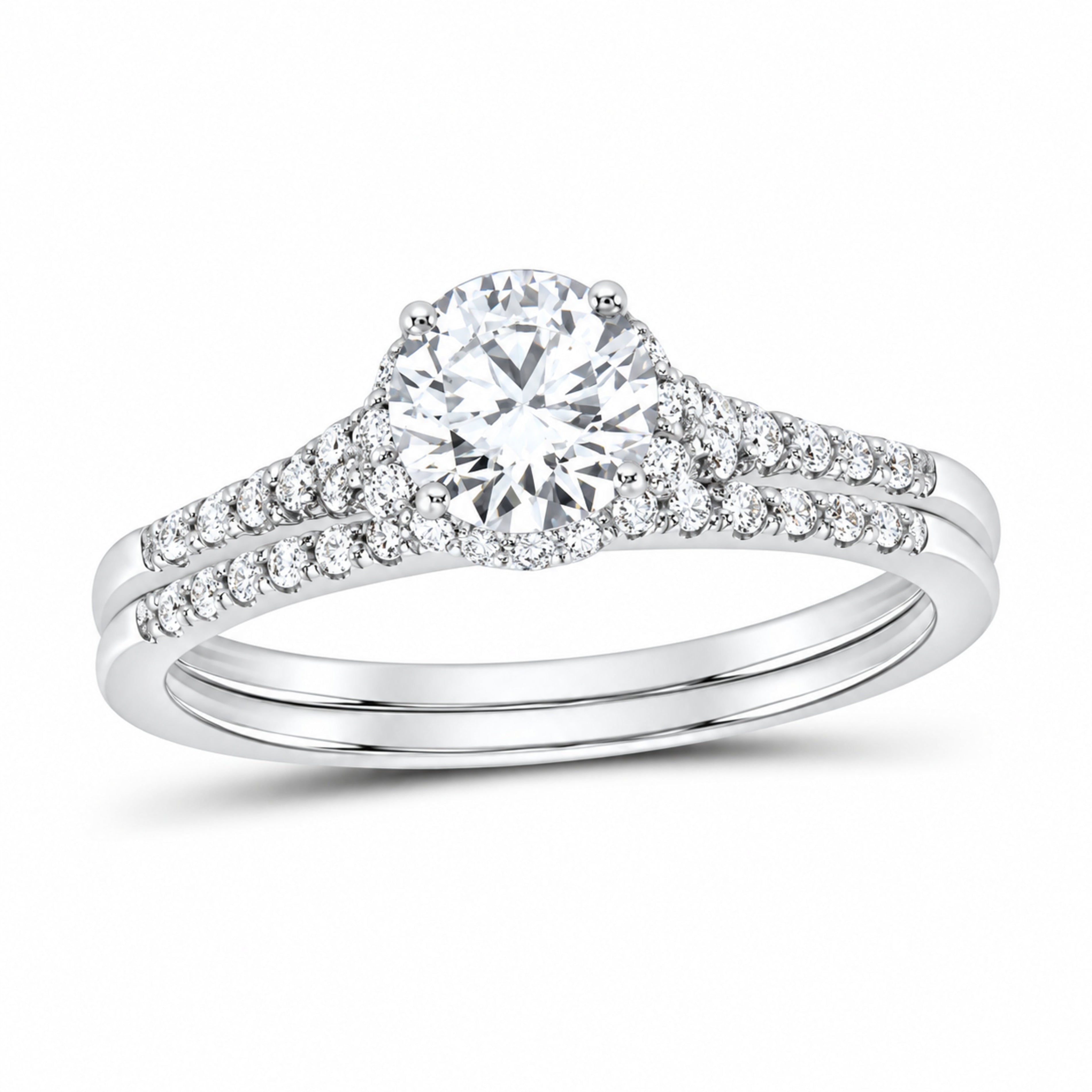 14K White Gold 1 CTW Lab-Grown Diamond Round Single Halo Bridal Ring Set — SKU 11759