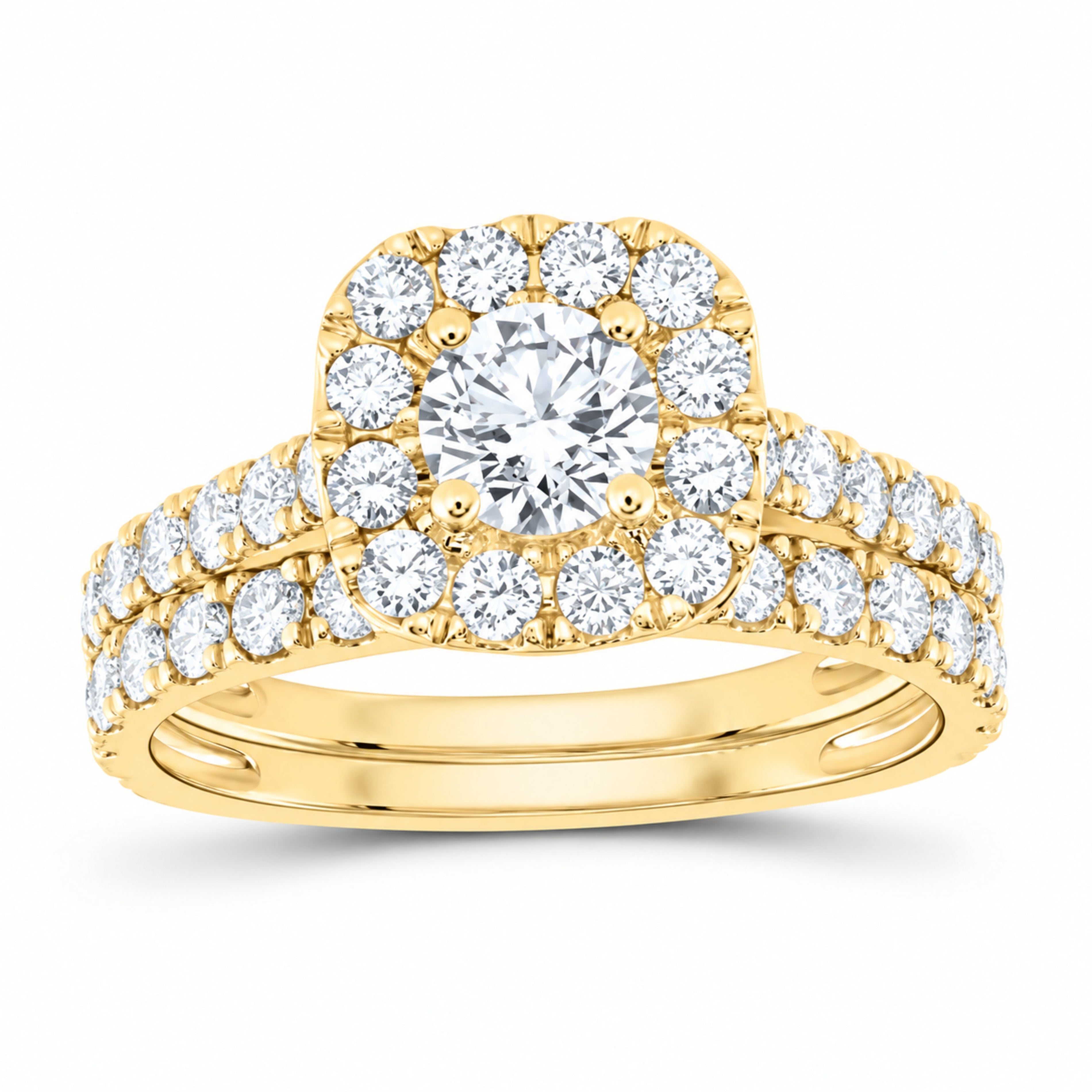 14K Yellow Gold 1 1/2 CTW Lab-Grown Diamond Round Cushion Halo Bridal Ring Set — SKU 11761