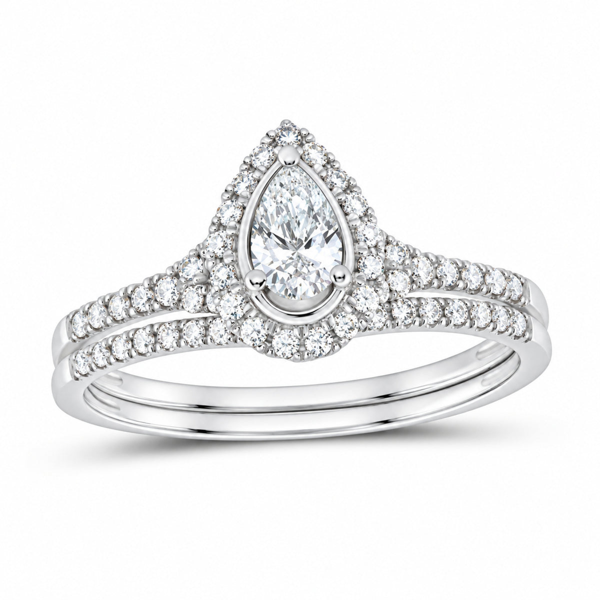 14K White Gold 1/2 CTW Lab-Grown Diamond Pear Single Halo Bridal Ring Set — SKU 11762