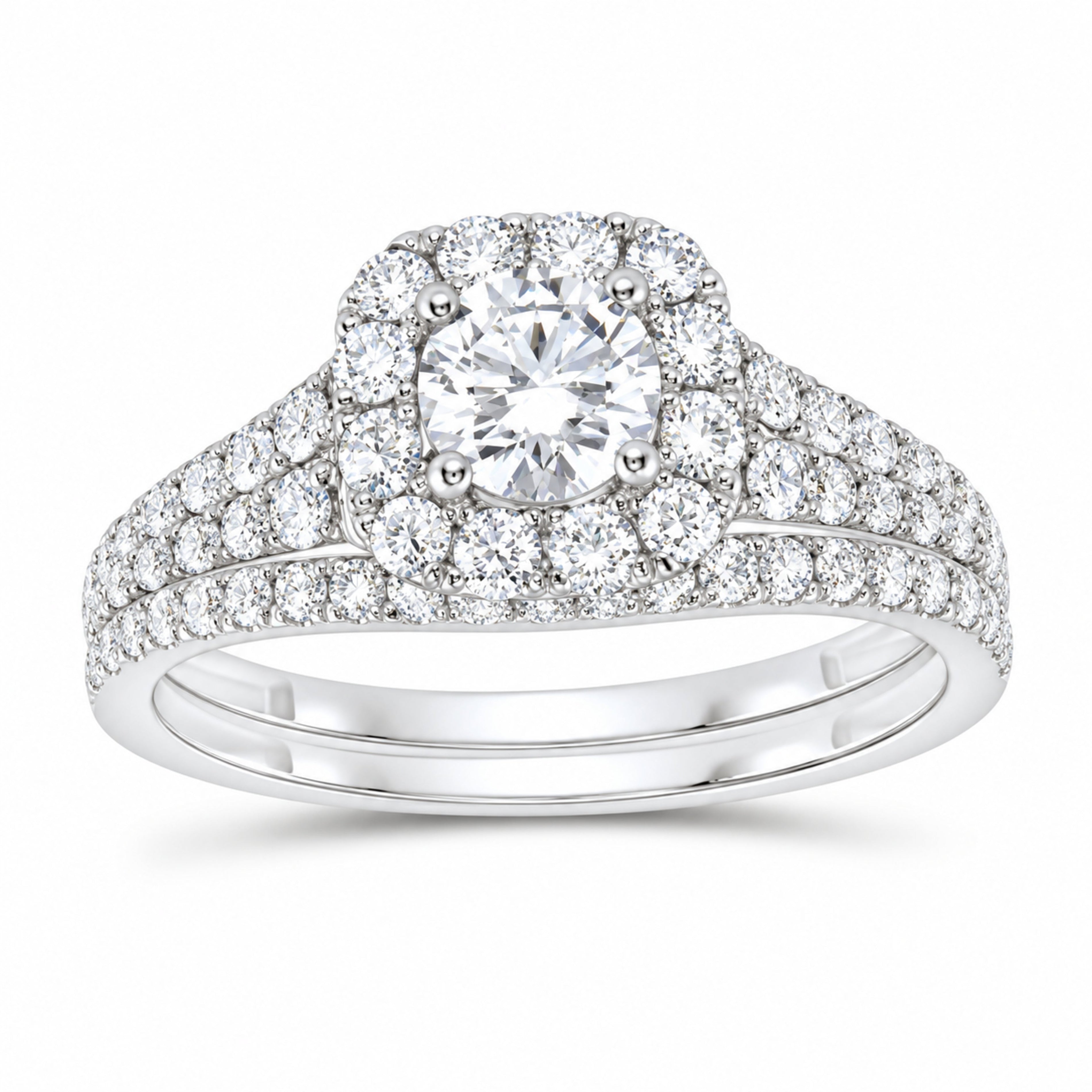 14K White Gold 1 1/2 CTW Lab-Grown Diamond Round Cushion Halo Bridal Ring Set — SKU 11766