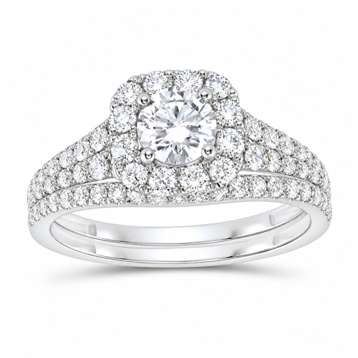 14K White Gold 1 1/2 CTW Lab-Grown Diamond Round Cushion Halo Bridal Ring Set — SKU 11766