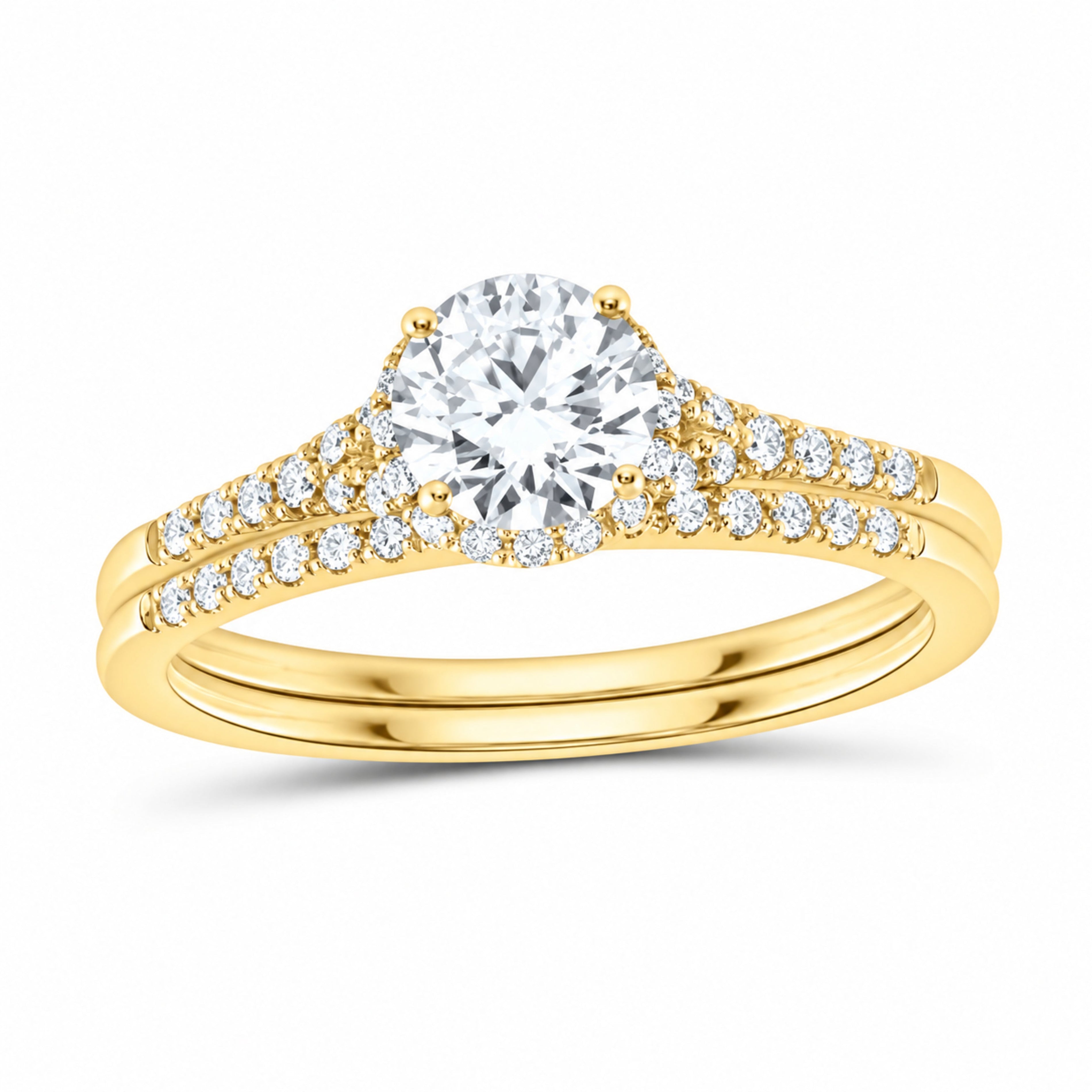 14K Yellow Gold 1 CTW Lab-Grown Diamond Round Single Halo Bridal Ring Set — SKU 11764