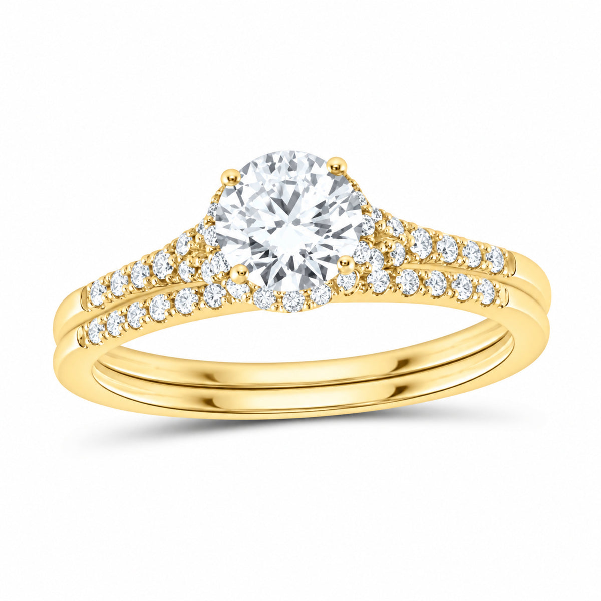 14K Yellow Gold 1 CTW Lab-Grown Diamond Round Single Halo Bridal Ring Set — SKU 11764