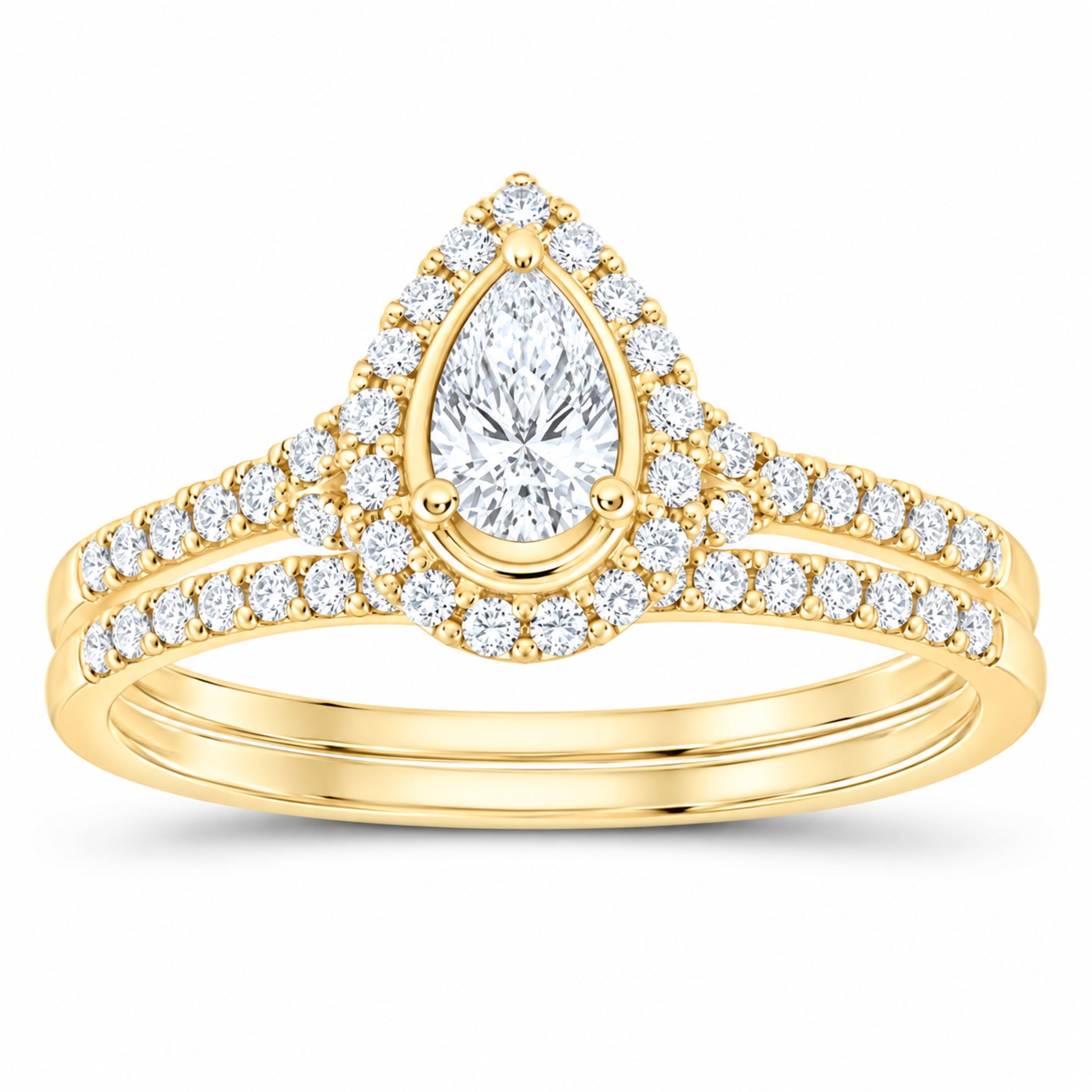 14K Yellow Gold 1/2 CTW Lab-Grown Diamond Pear Single Halo Bridal Ring Set — SKU 11763