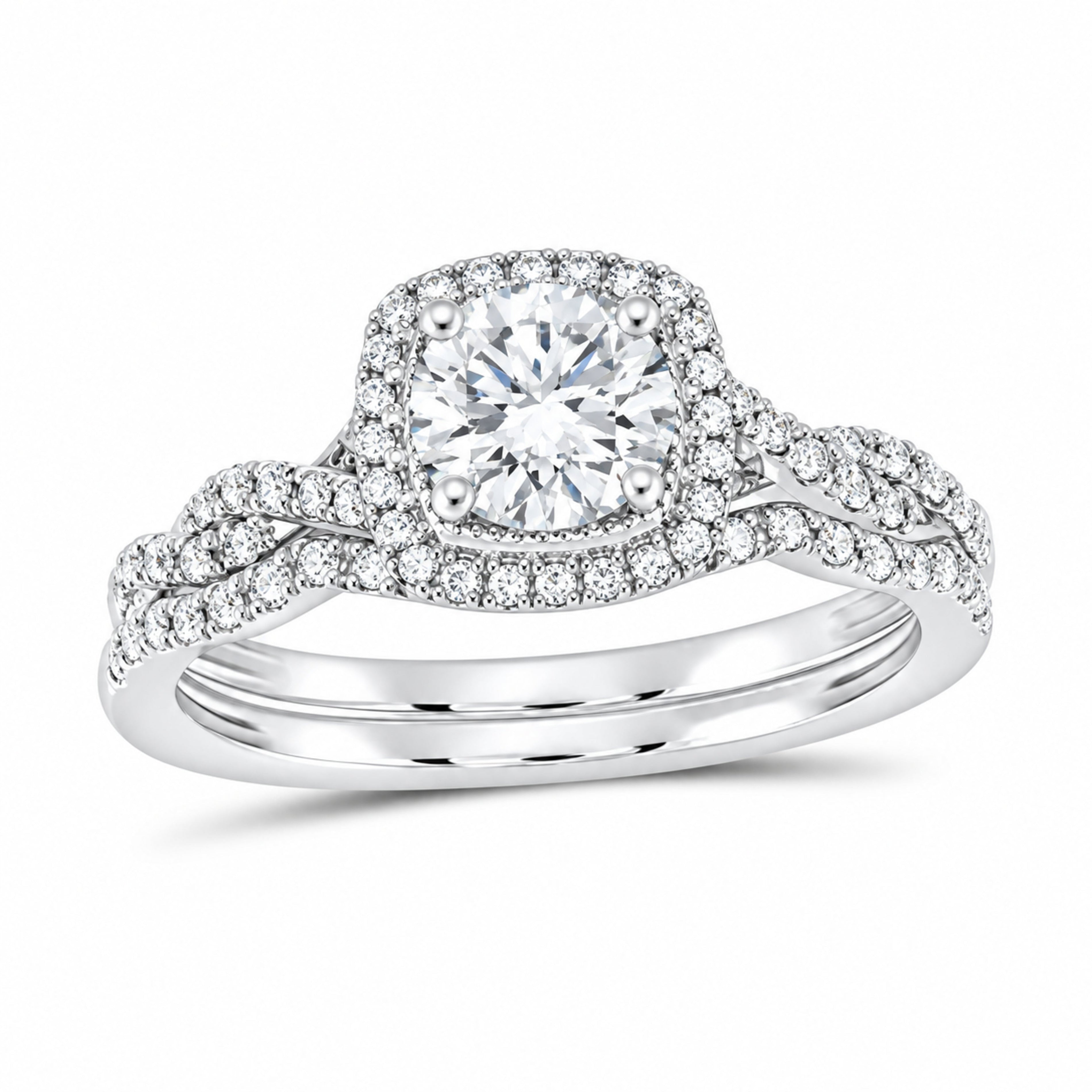 14K White Gold 1 CTW Lab-Grown Diamond Round Cushion Single Halo Bridal Ring Set — SKU 11767