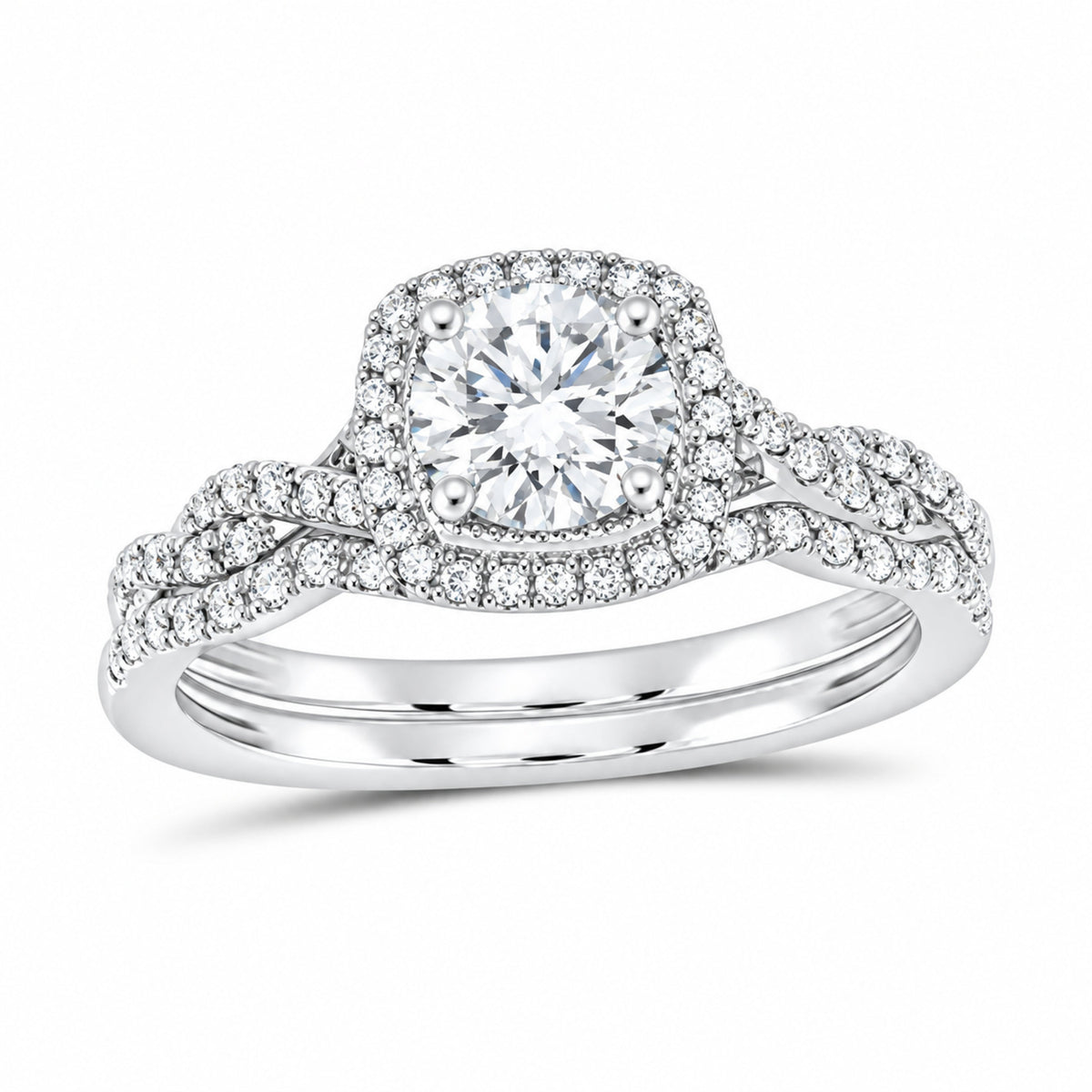 14K White Gold 1 CTW Lab-Grown Diamond Round Cushion Single Halo Bridal Ring Set — SKU 11767