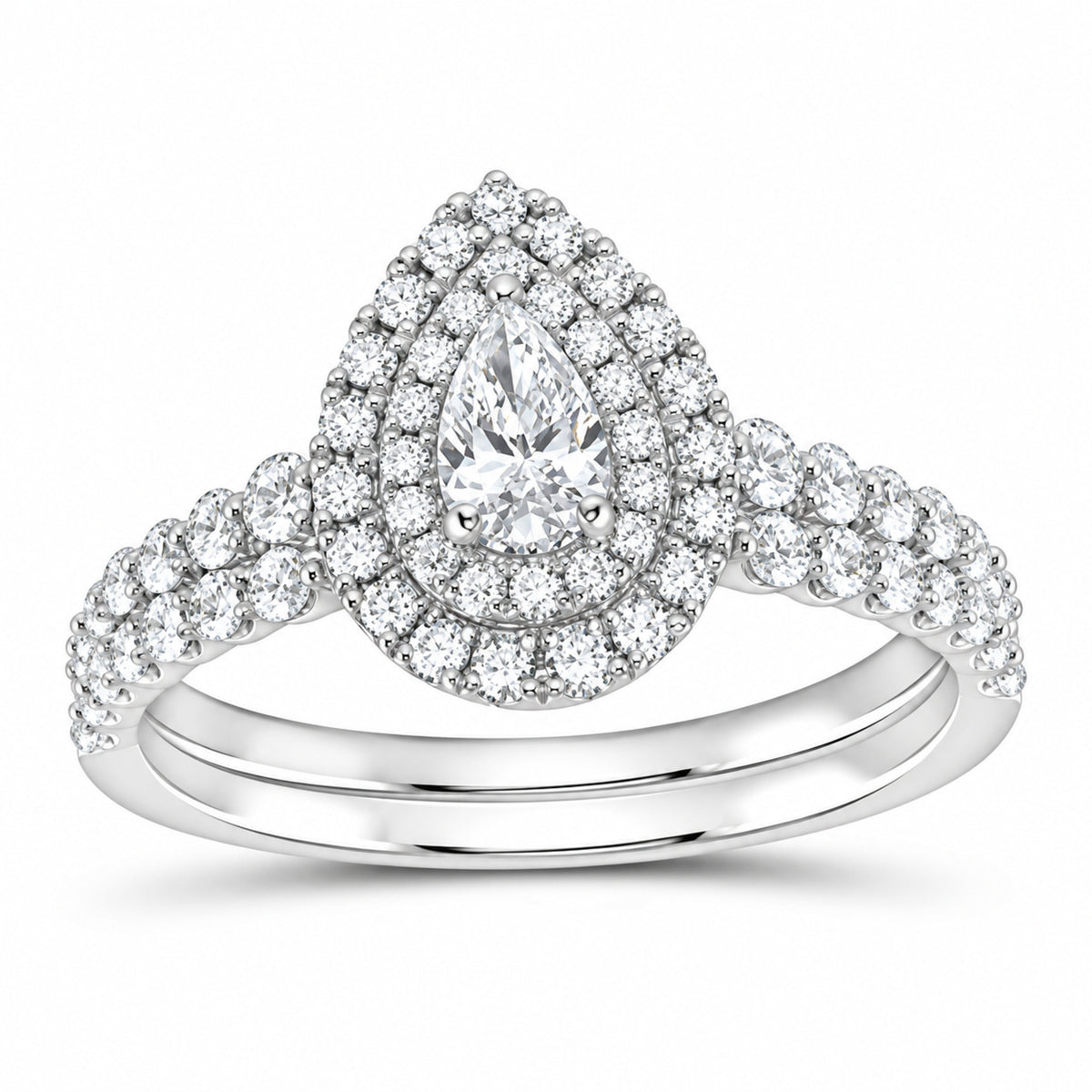 14K White Gold 7/8 CTW Lab-Grown Diamond Pear Double Halo Bridal Ring Set — SKU 11765