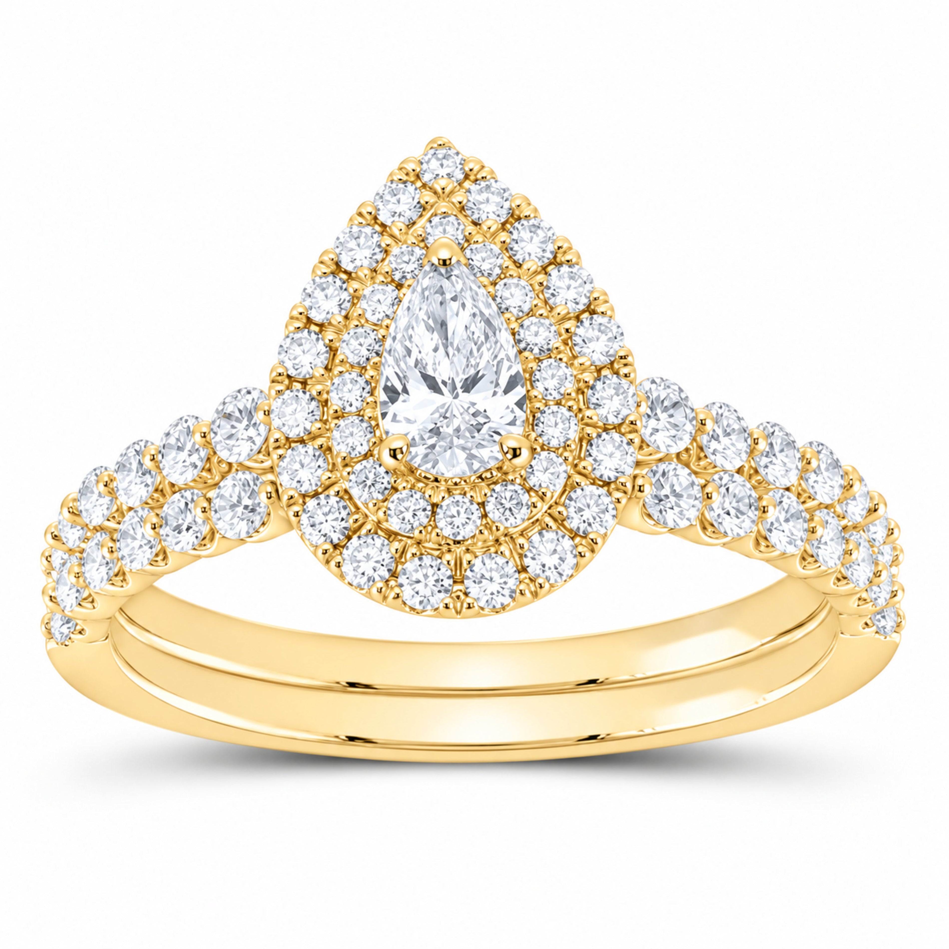 14K Yellow Gold 7/8 CTW Lab-Grown Diamond Pear Double Halo Bridal Ring Set — SKU 11768