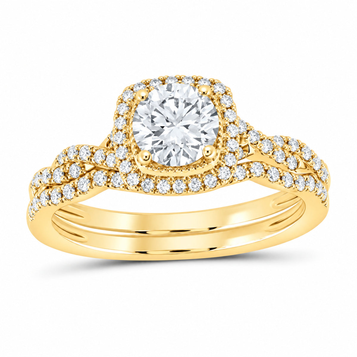 14K Yellow Gold 1 CTW Lab-Grown Diamond Round Cushion Single Halo Bridal Ring Set — SKU 11769