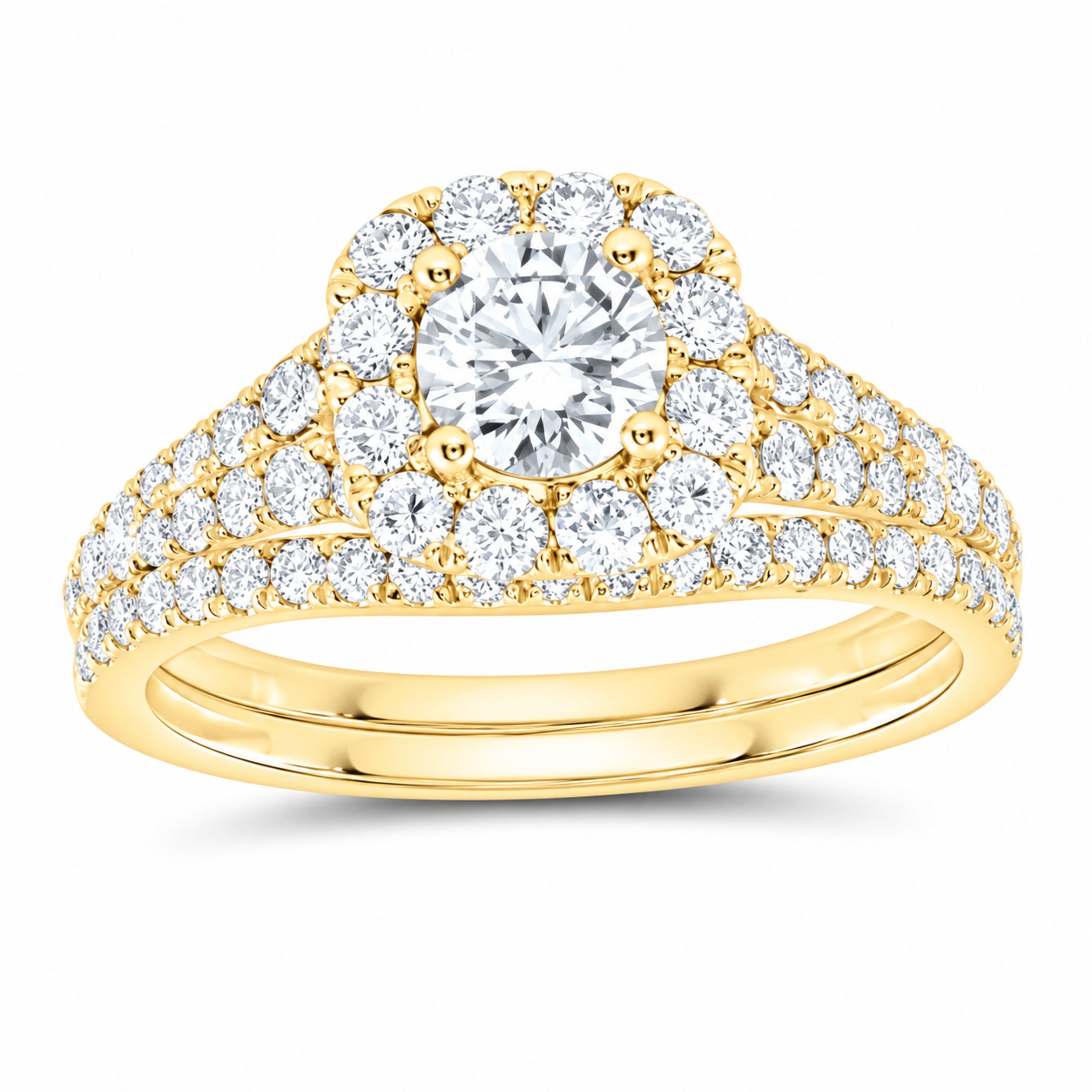 14K Yellow Gold 1 1/2 CTW Lab-Grown Diamond Round Cushion Halo Bridal Ring Set — SKU 11772