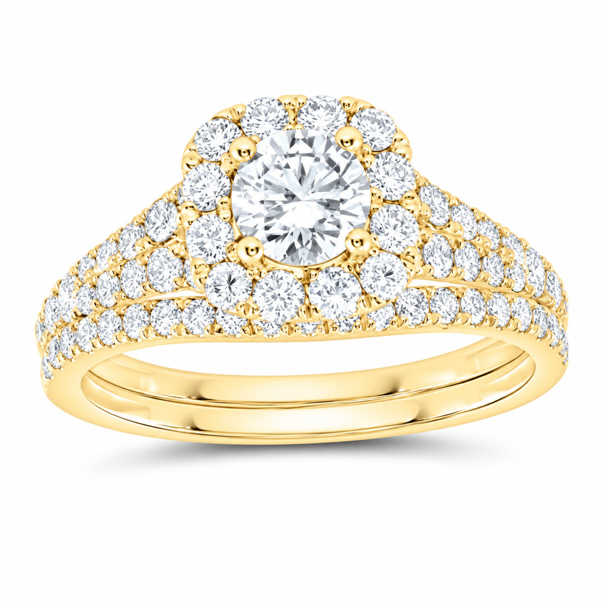 14K Yellow Gold 1 1/2 CTW Lab-Grown Diamond Round Cushion Halo Bridal Ring Set — SKU 11772