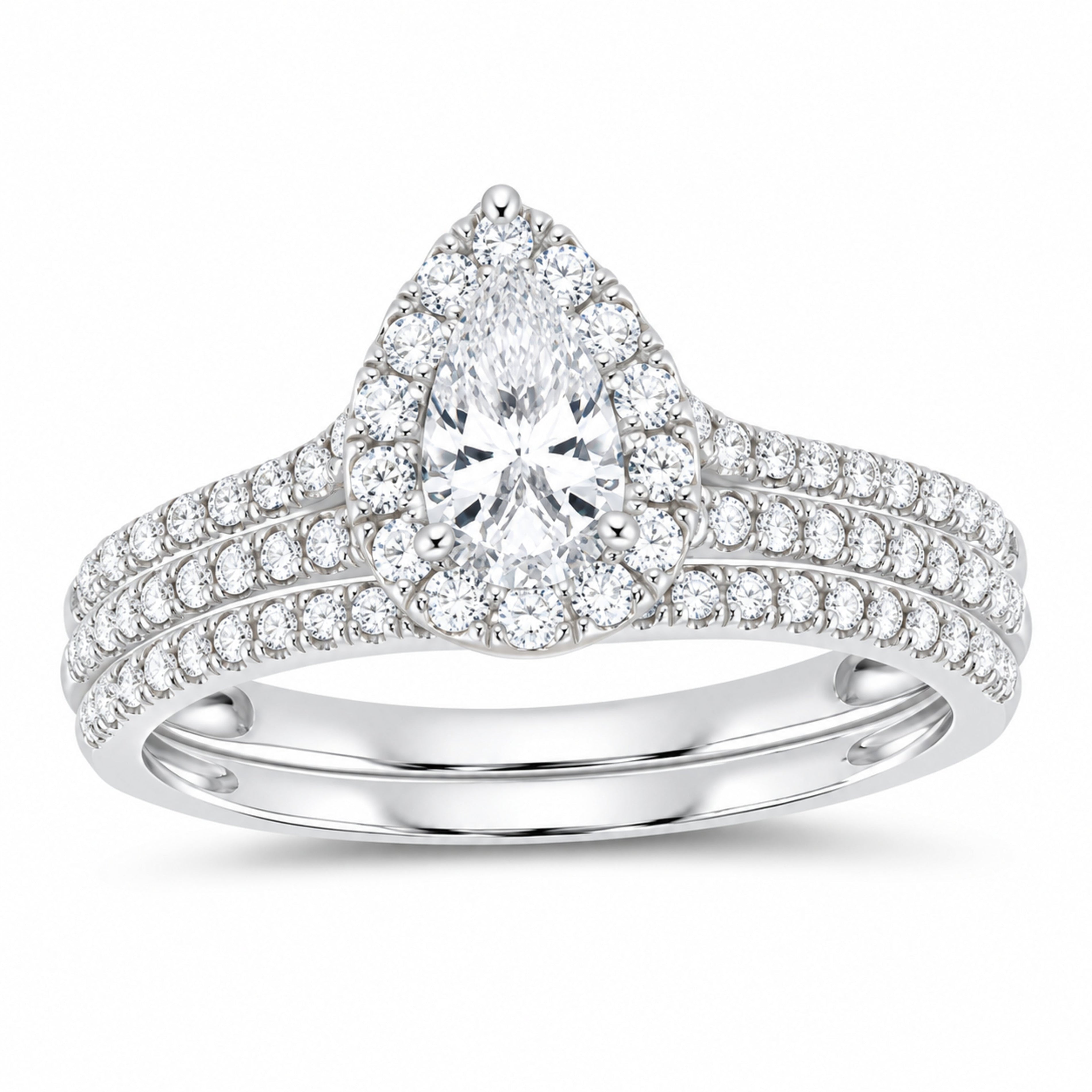 14K White Gold 1 CTW Lab-Grown Diamond Pear Single Halo Bridal Ring Set — SKU 11775