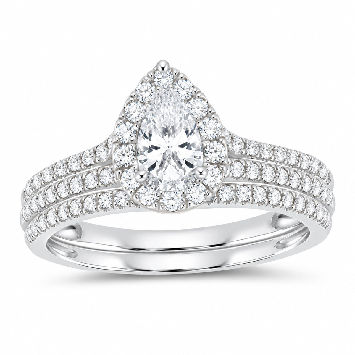 14K White Gold 1 CTW Lab-Grown Diamond Pear Single Halo Bridal Ring Set — SKU 11775
