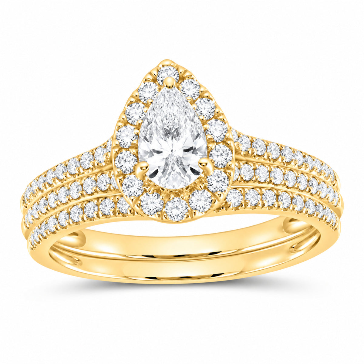14K Yellow Gold 1 CTW Lab-Grown Diamond Pear Single Halo Bridal Ring Set — SKU 11776