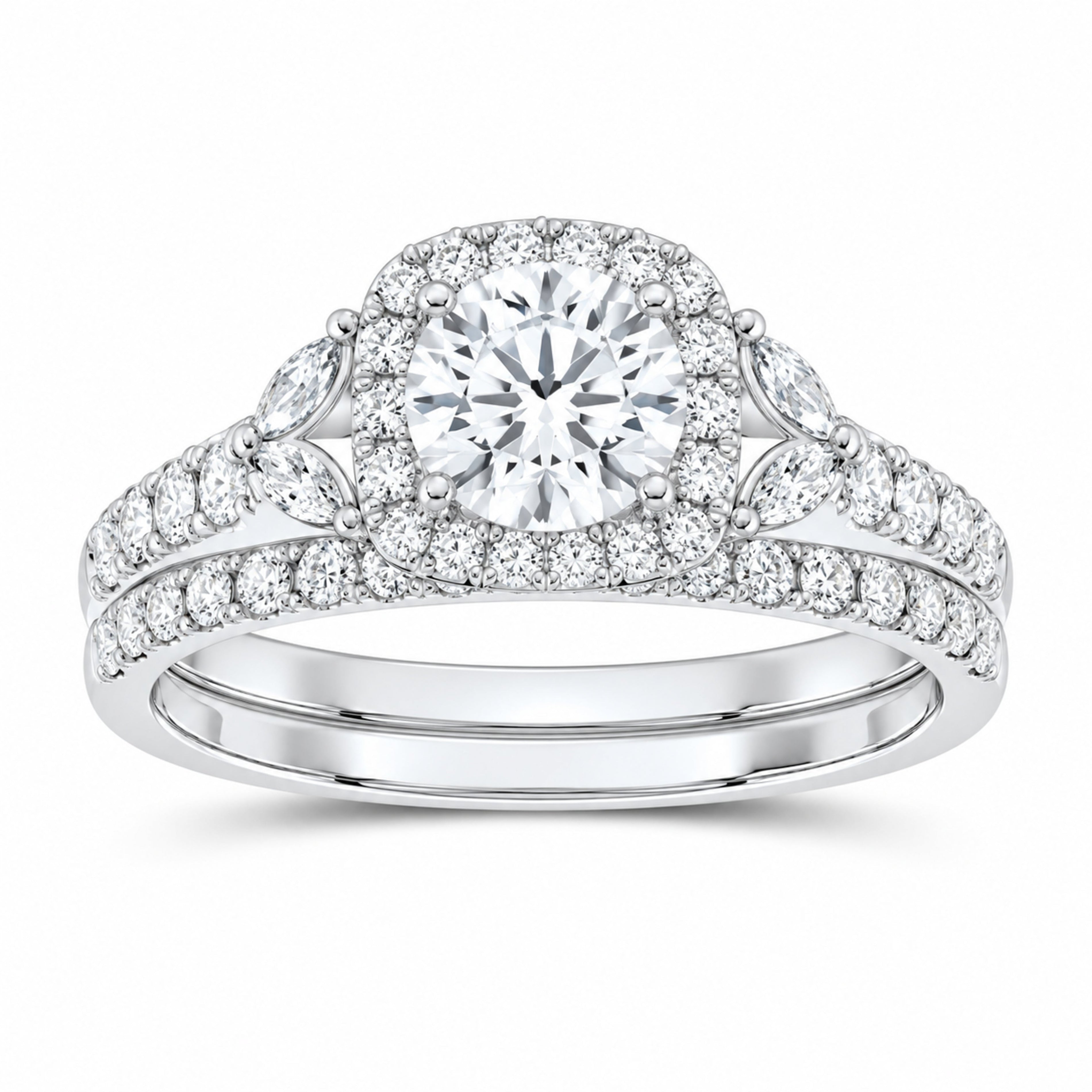 14K White Gold 1 1/2 CTW Lab-Grown Diamond Round Cushion Halo Bridal Ring Set — SKU 11777