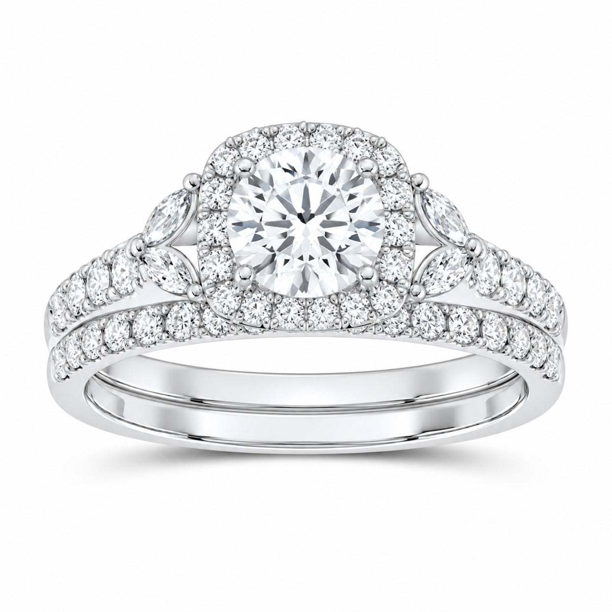 14K White Gold 1 1/2 CTW Lab-Grown Diamond Round Cushion Halo Bridal Ring Set — SKU 11777