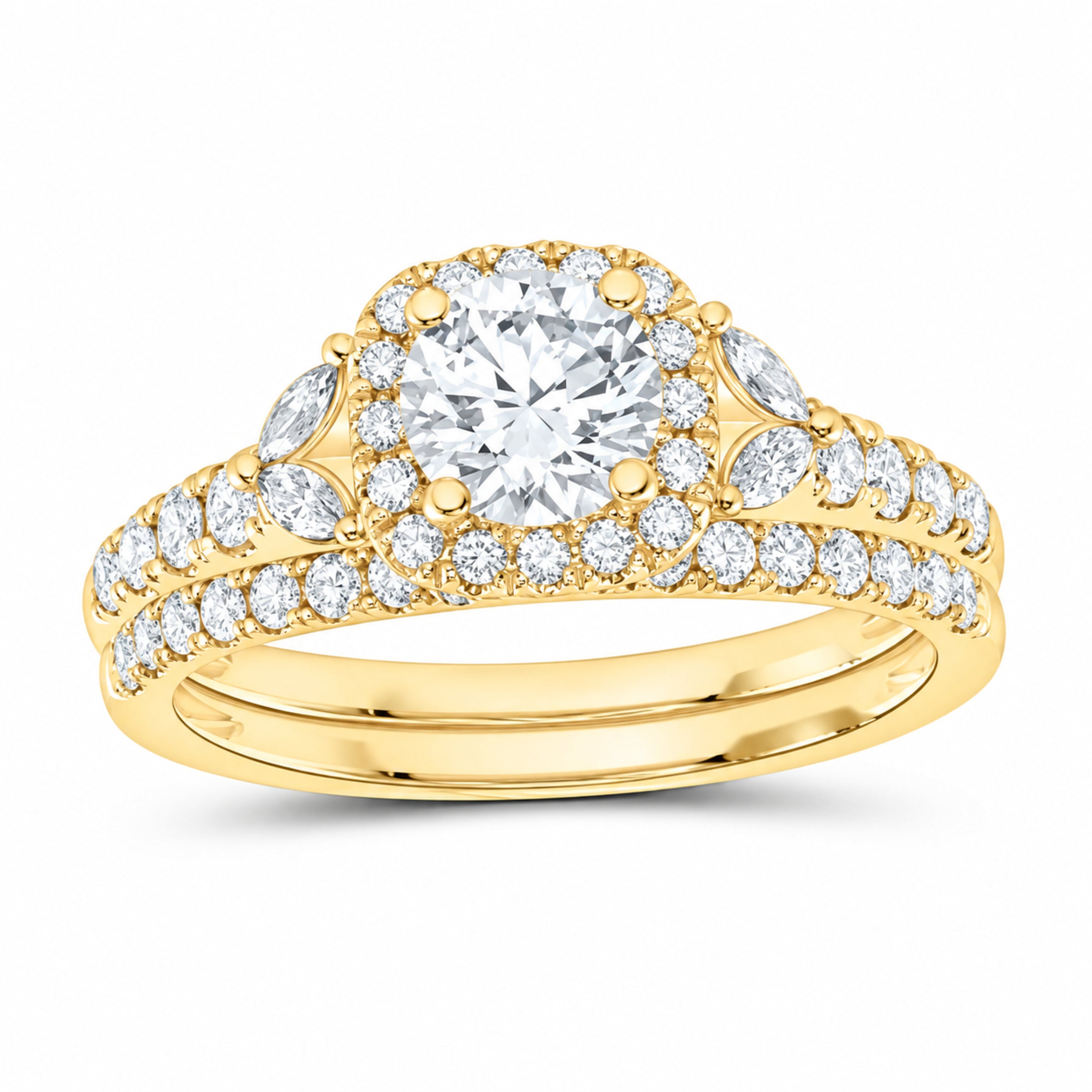 14K Yellow Gold 1 1/2 CTW Lab-Grown Diamond Round Cushion Halo Bridal Ring Set — SKU 11778