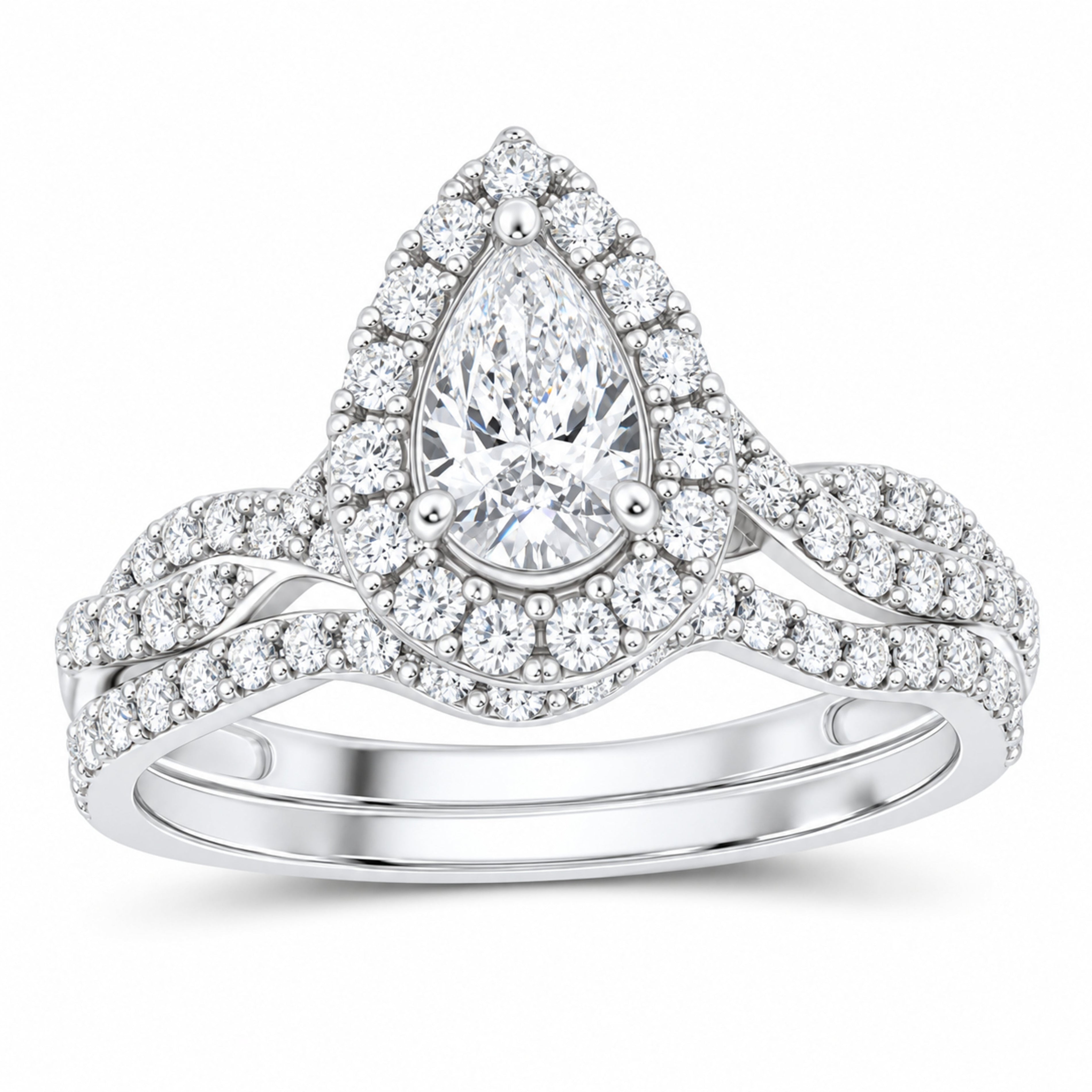 14K White Gold 1 CTW Lab-Grown Diamond Pear Single Halo Bridal Ring Set — SKU 11781