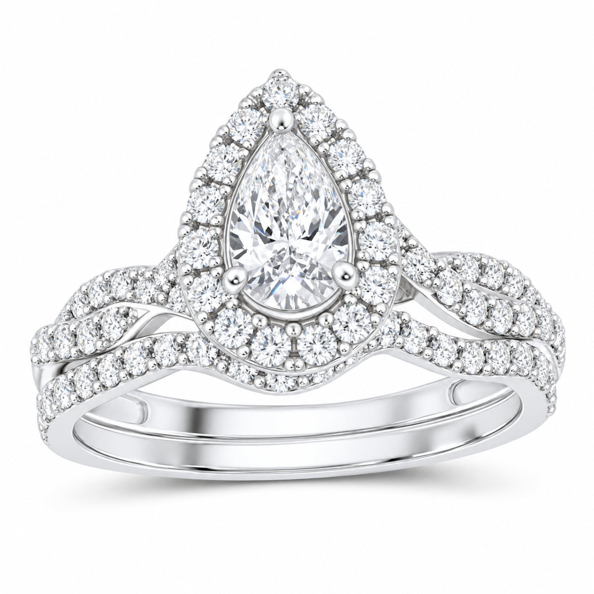 14K White Gold 1 CTW Lab-Grown Diamond Pear Single Halo Bridal Ring Set — SKU 11781