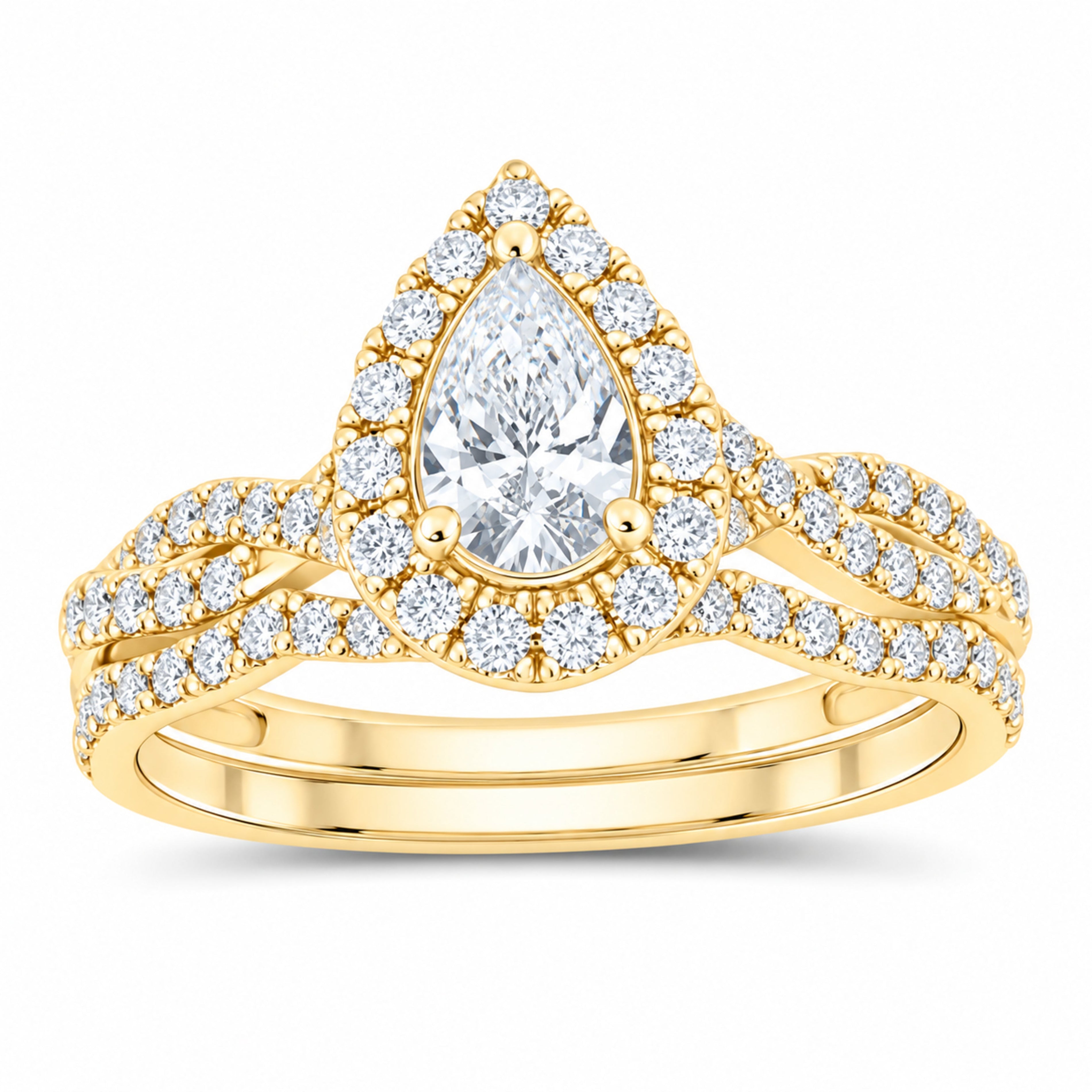 14K Yellow Gold 1 CTW Lab-Grown Diamond Pear Single Halo Bridal Ring Set — SKU 11782