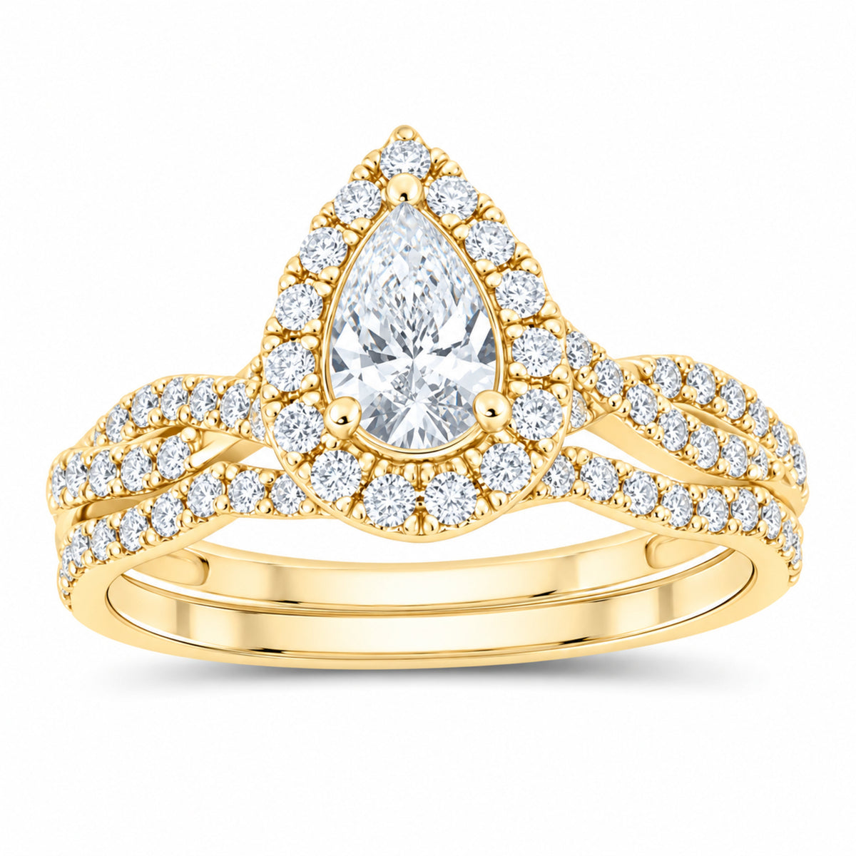14K Yellow Gold 1 CTW Lab-Grown Diamond Pear Single Halo Bridal Ring Set — SKU 11782