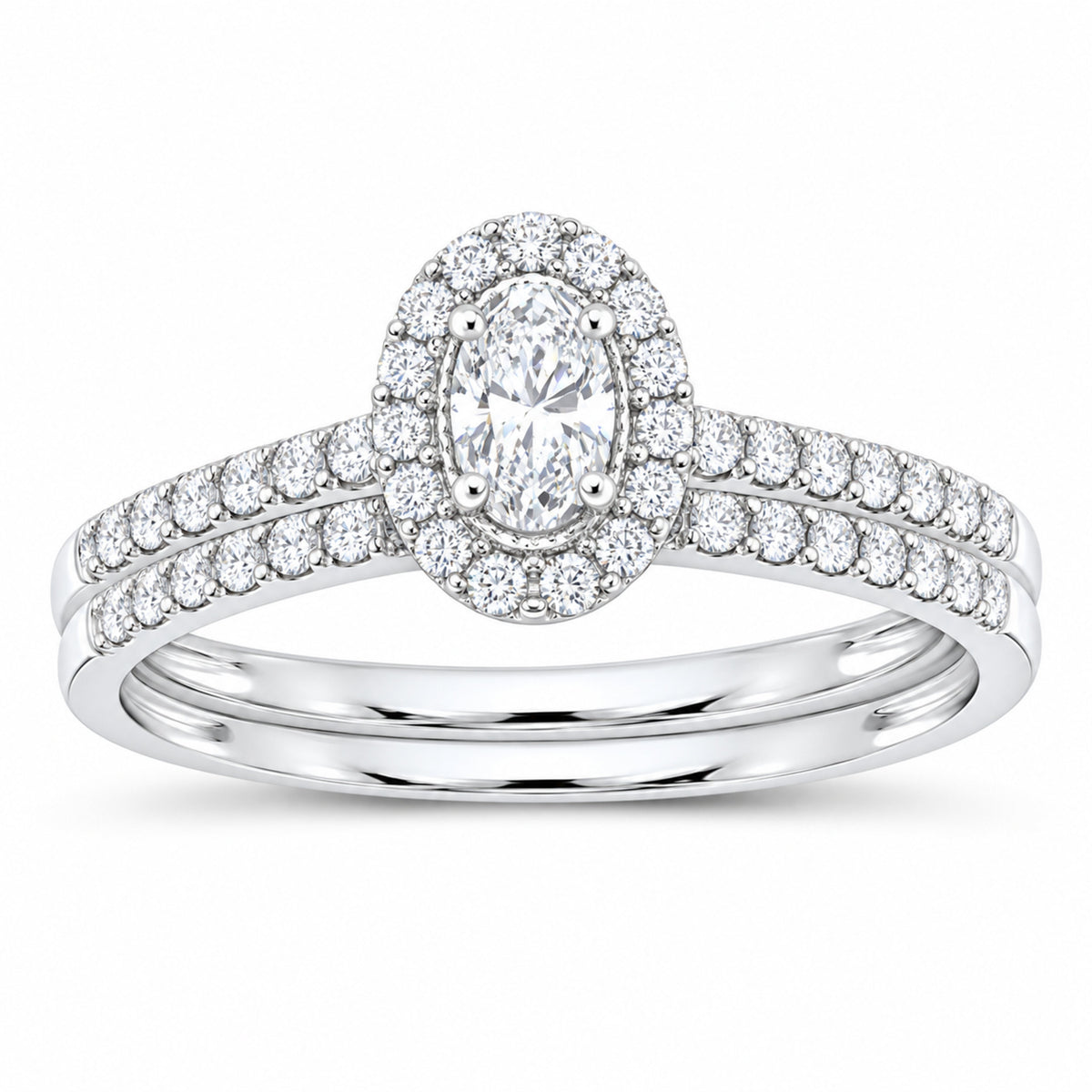 14K White Gold 1/2 CTW Lab-Grown Diamond Oval Single Halo Bridal Ring Set — SKU 11785