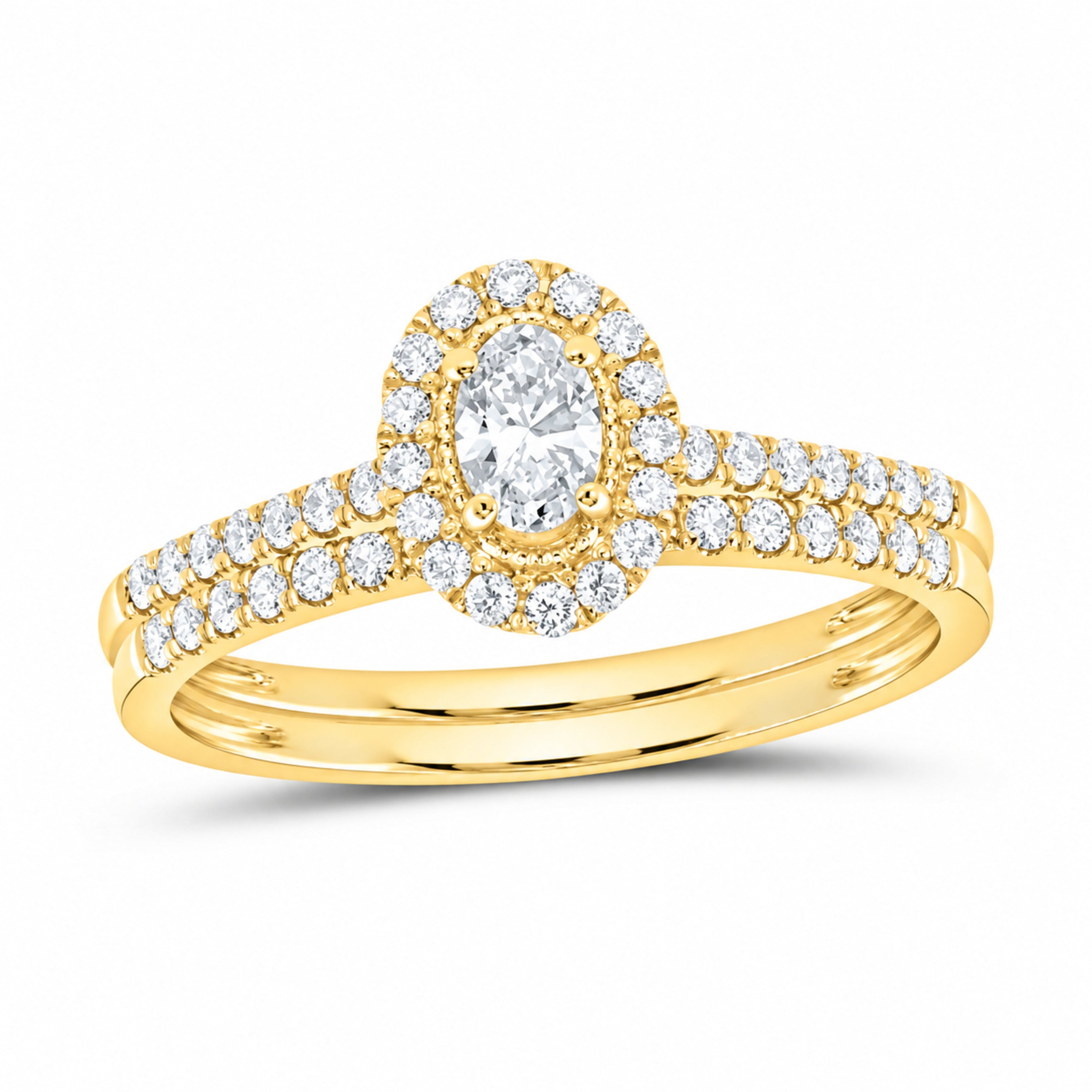 14K Yellow Gold 1/2 CTW Lab-Grown Diamond Oval Single Halo Bridal Ring Set — SKU 11786