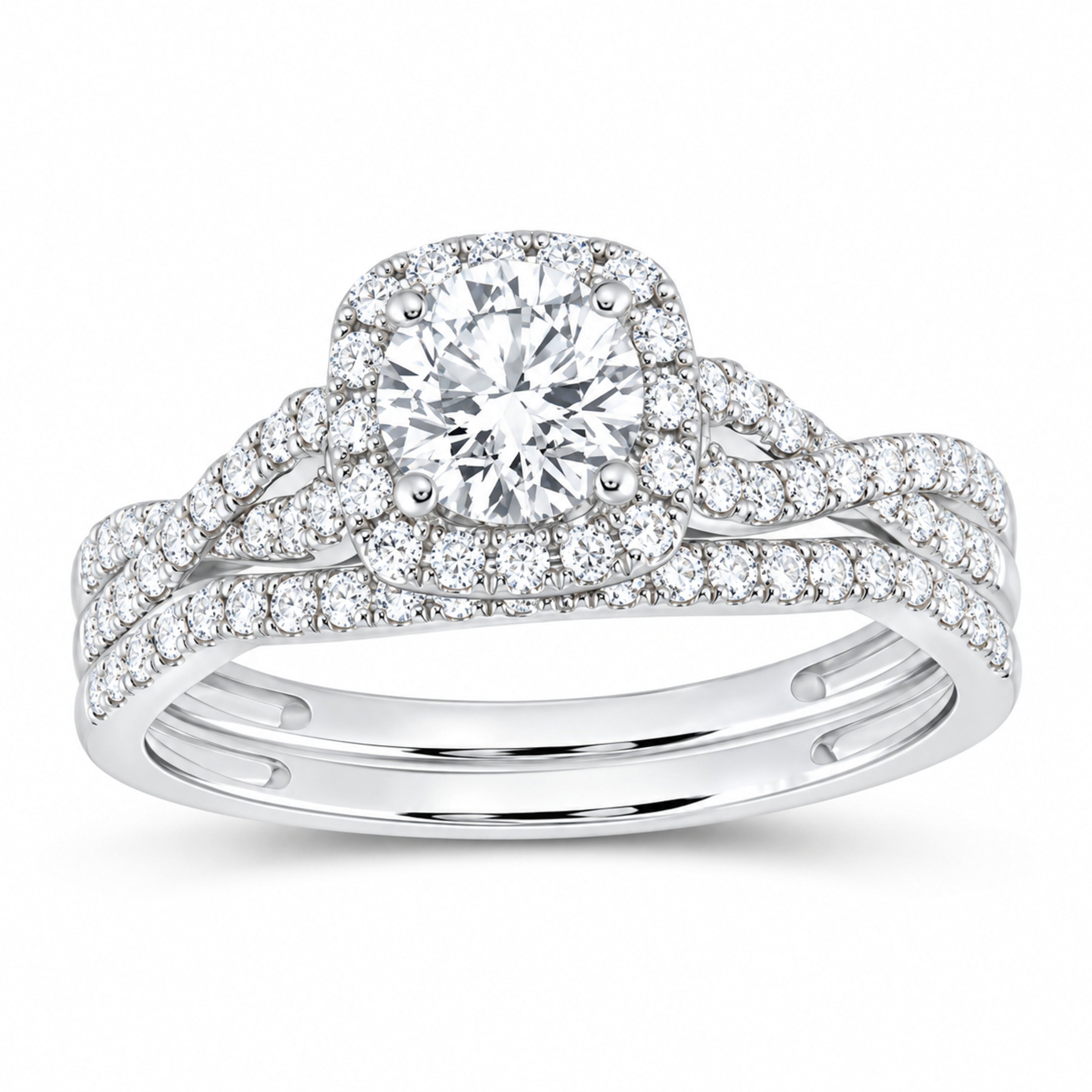 14K White Gold 1 1/4 CTW Lab-Grown Diamond Round Cushion Halo Bridal Ring Set — SKU 11788