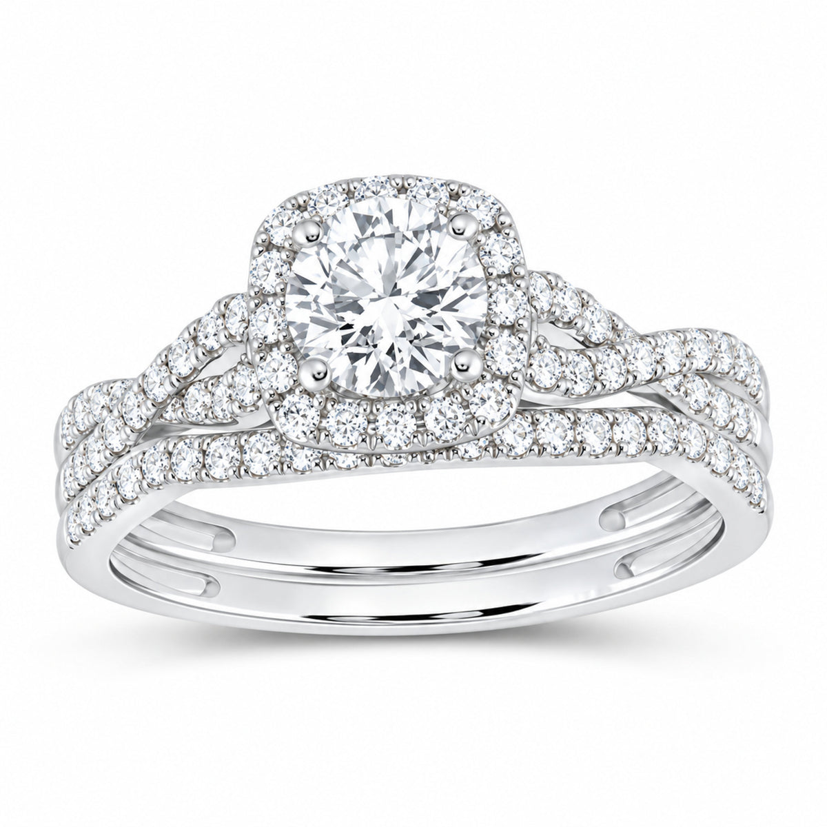 14K White Gold 1 1/4 CTW Lab-Grown Diamond Round Cushion Halo Bridal Ring Set — SKU 11788
