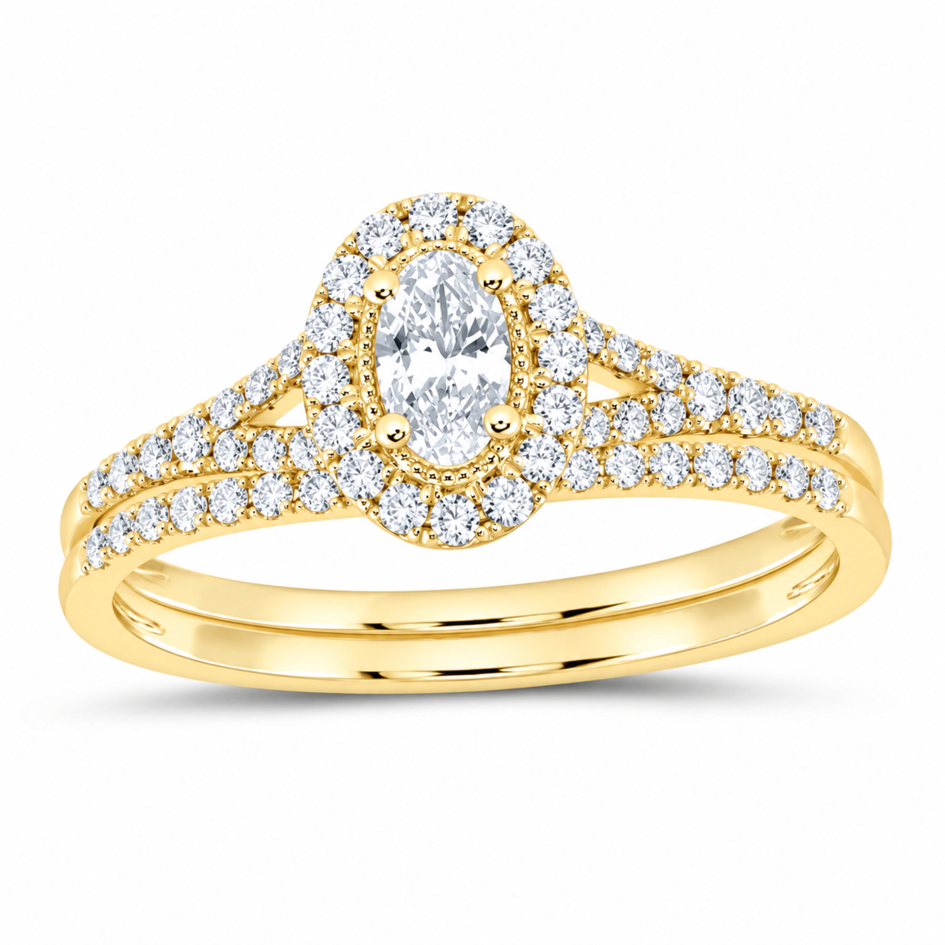 14K Yellow Gold 1/2 CTW Lab-Grown Diamond Oval Single Halo Bridal Ring Set — SKU 11792