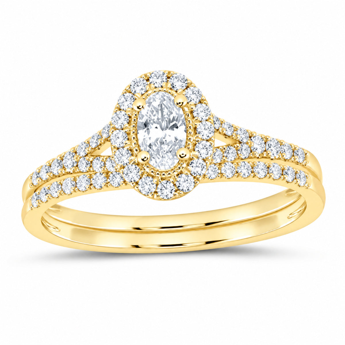 14K Yellow Gold 1/2 CTW Lab-Grown Diamond Oval Single Halo Bridal Ring Set — SKU 11792