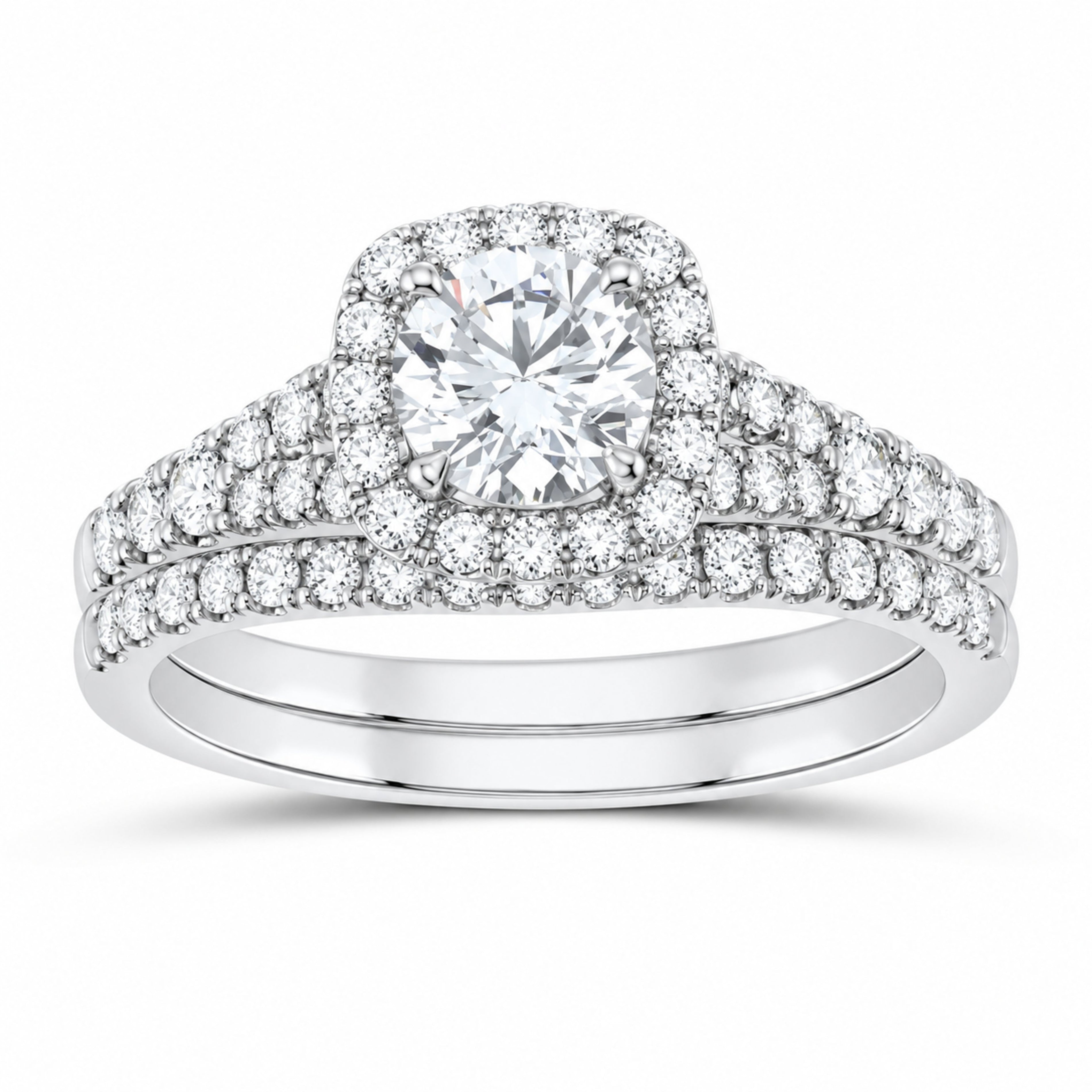 14K White Gold 1 3/8 CTW Lab-Grown Diamond Round Cushion Halo Bridal Ring Set — SKU 11793
