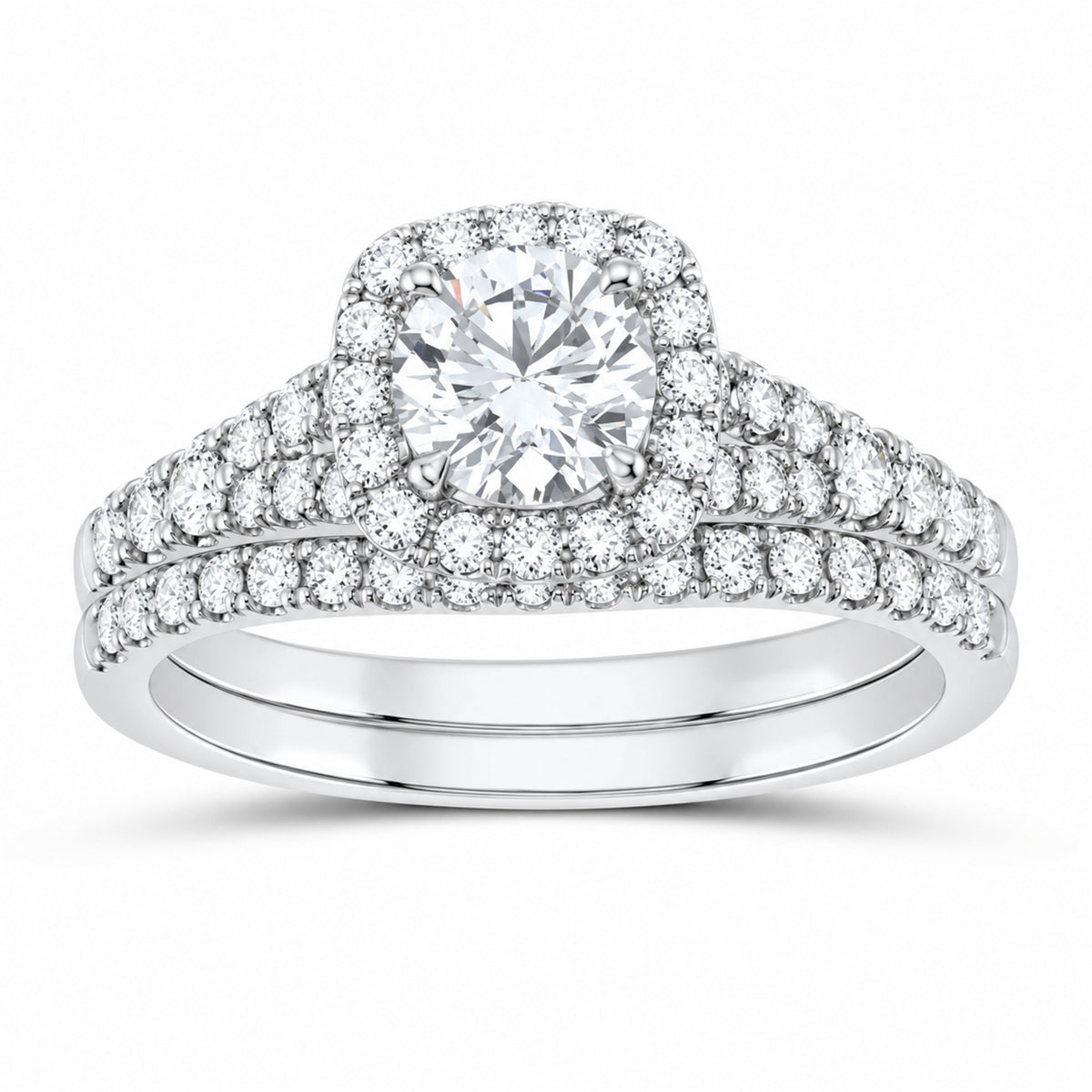 14K White Gold 1 3/8 CTW Lab-Grown Diamond Round Cushion Halo Bridal Ring Set — SKU 11793
