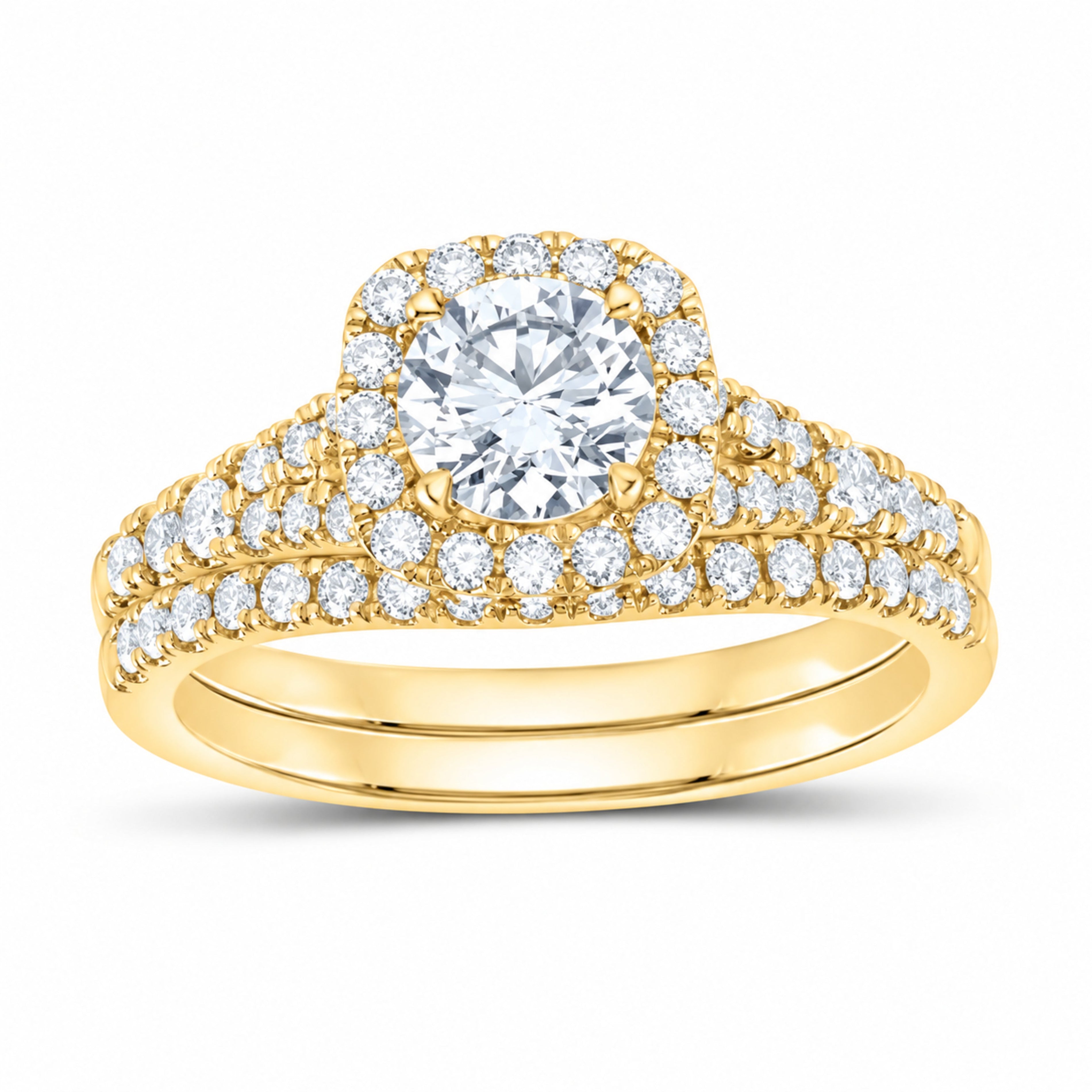 14K Yellow Gold 1 3/8 CTW Lab-Grown Diamond Round Cushion Halo Bridal Ring Set — SKU 11795