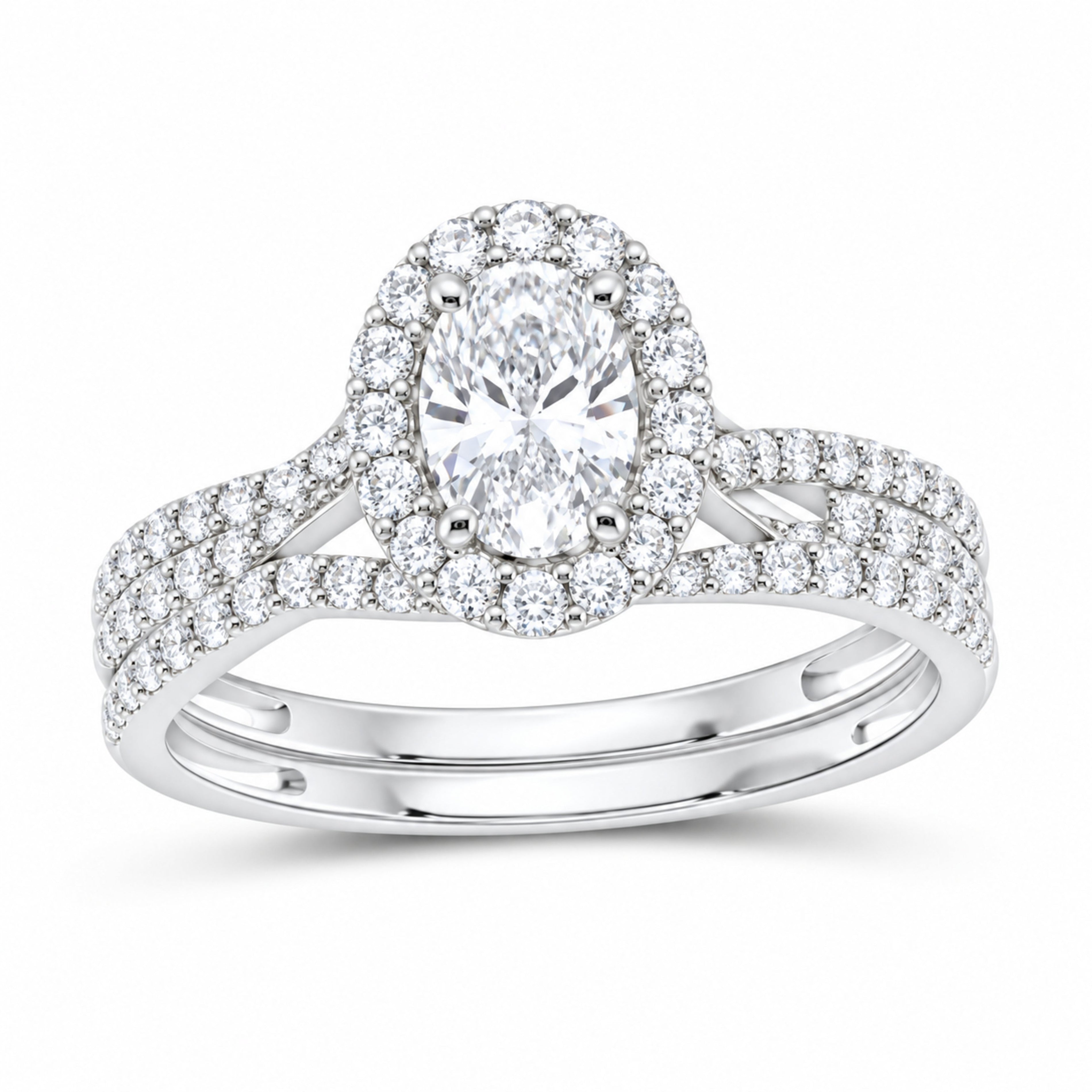 14K White Gold 1 CTW Lab-Grown Diamond Oval Single Halo Bridal Ring Set — SKU 11798