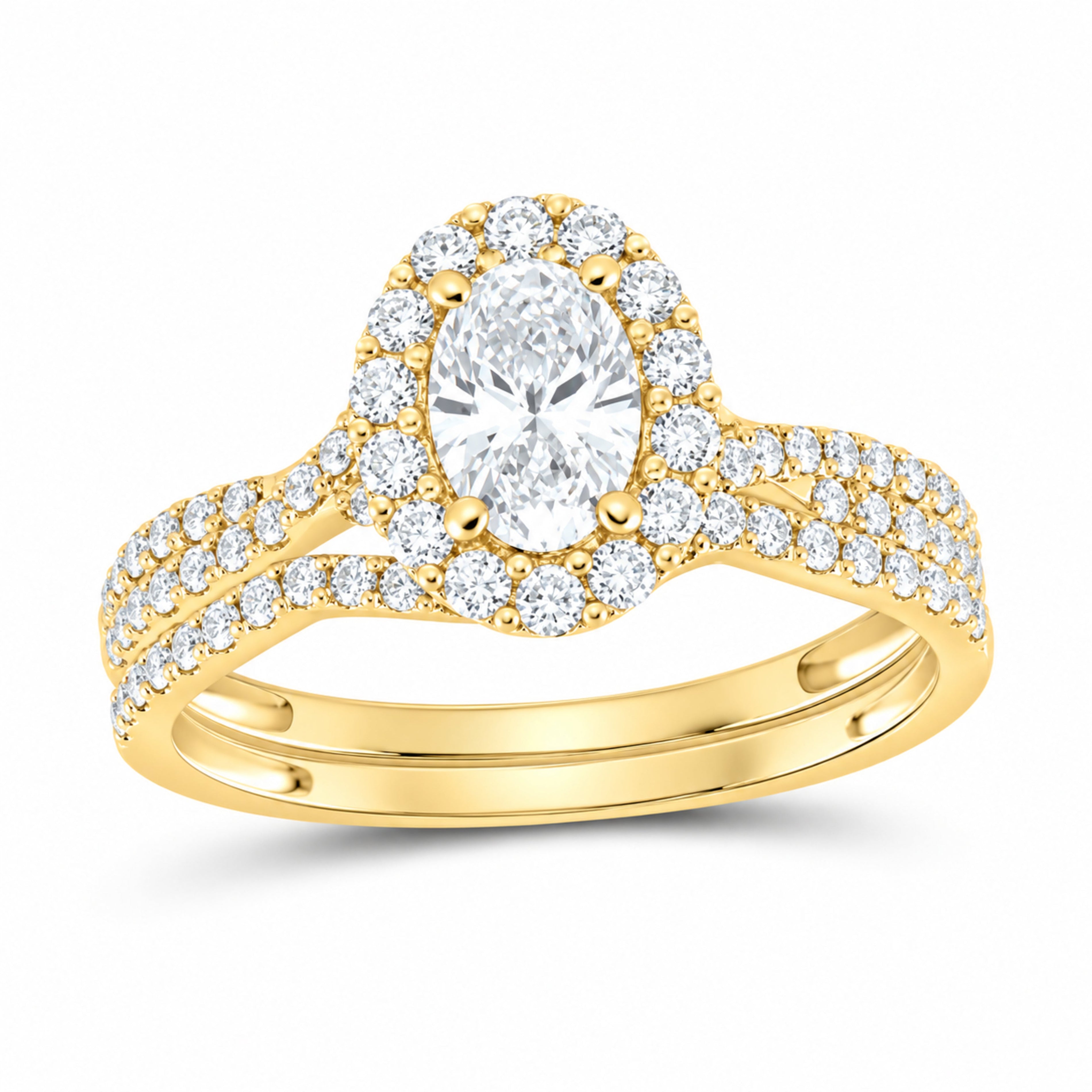 14K Yellow Gold 1 CTW Lab-Grown Diamond Oval Single Halo Bridal Ring Set — SKU 11802