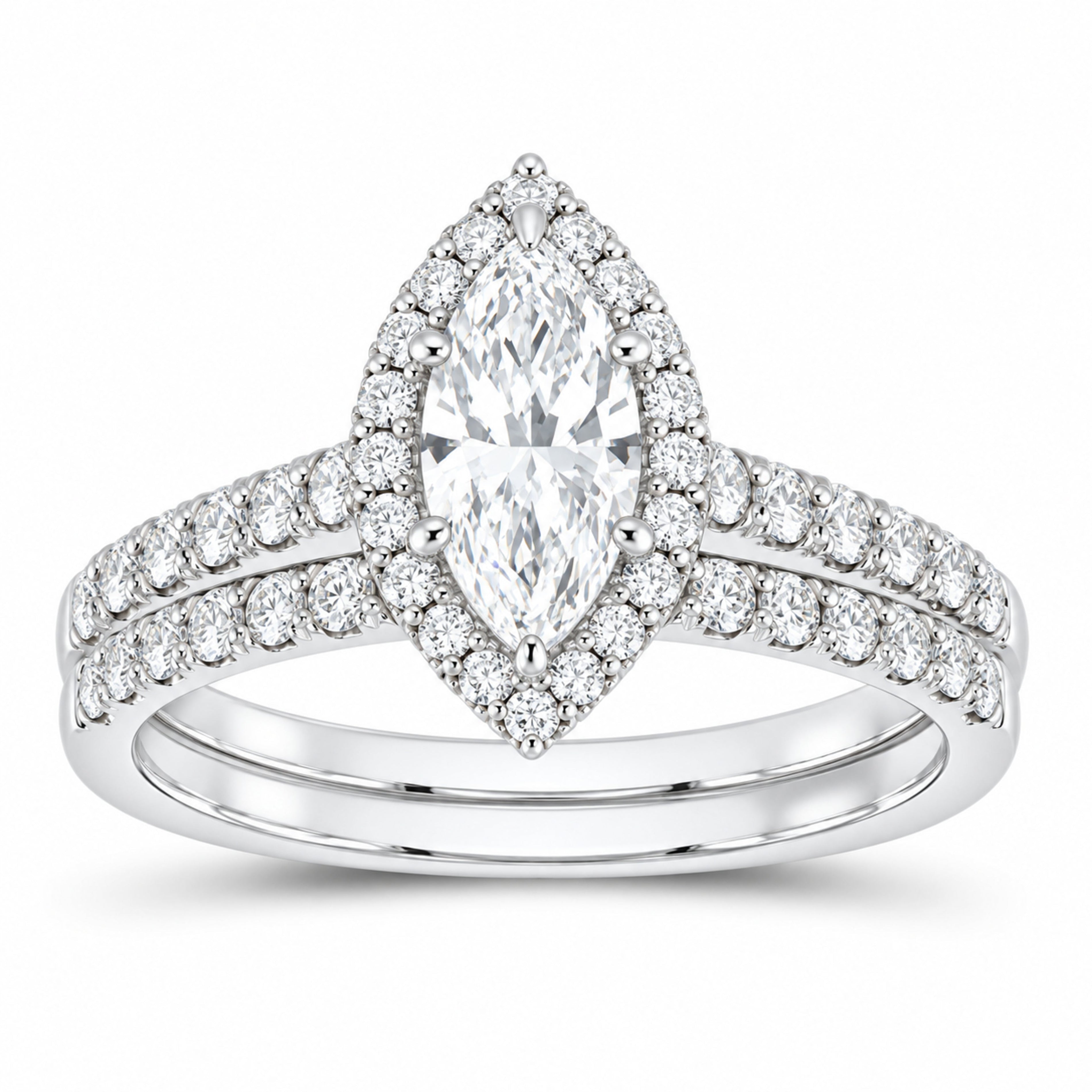 14K White Gold 1 1/3 CTW Lab-Grown Diamond Marquise Halo Bridal Ring Set — SKU 11806
