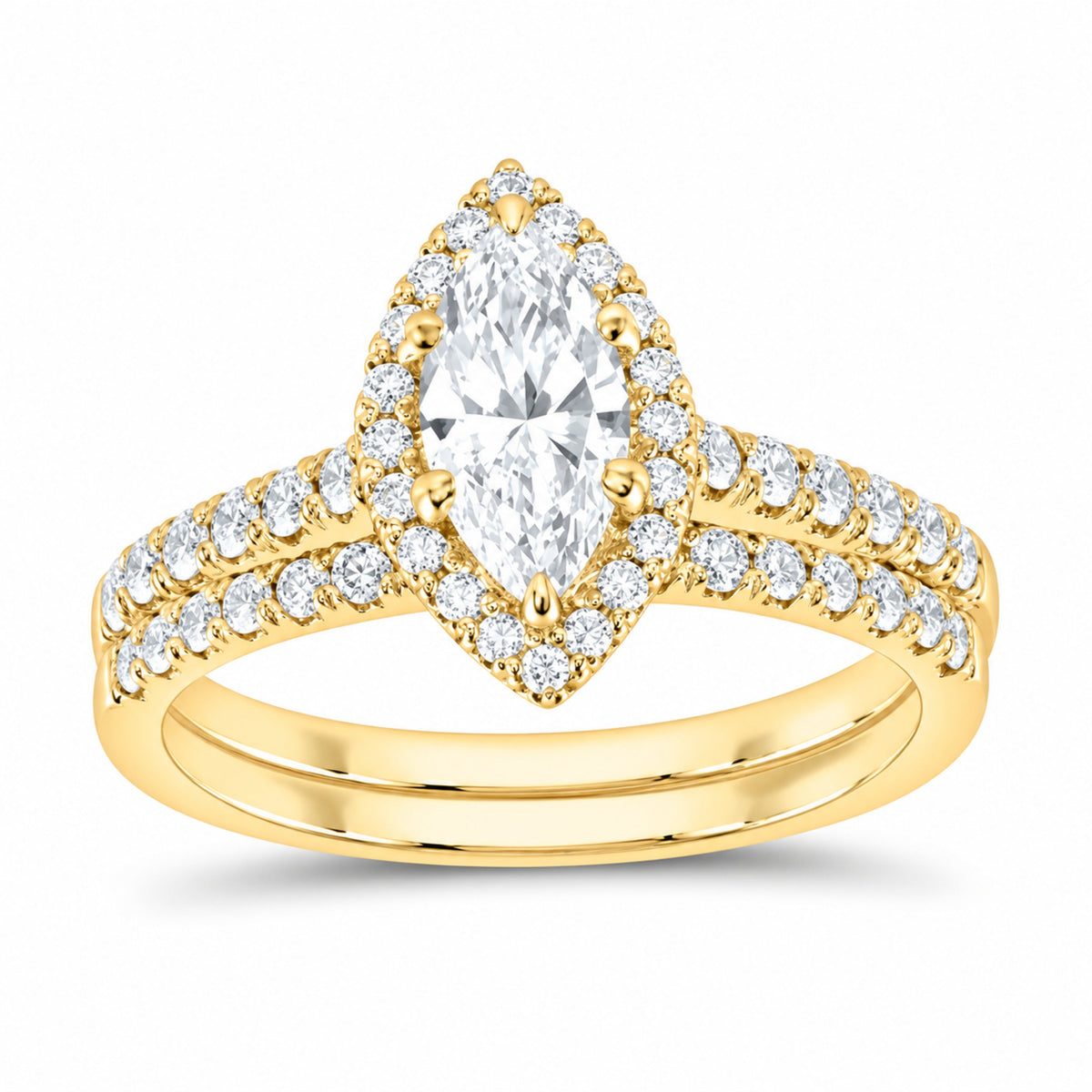14K Yellow Gold 1 1/3 CTW Lab-Grown Diamond Marquise Halo Bridal Ring Set — SKU 11807