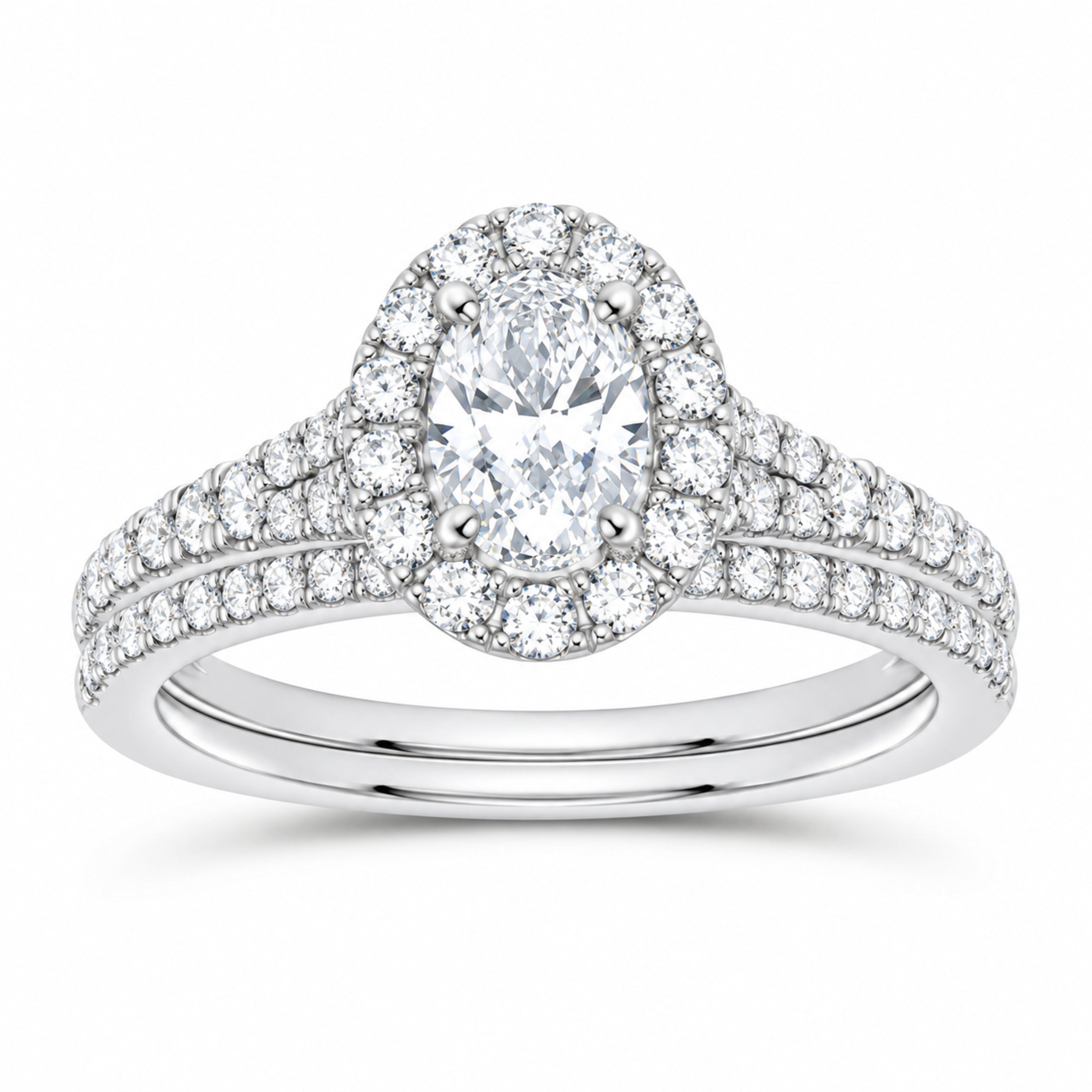 14K White Gold 1 CTW Lab-Grown Diamond Oval Single Halo Bridal Ring Set — SKU 11811