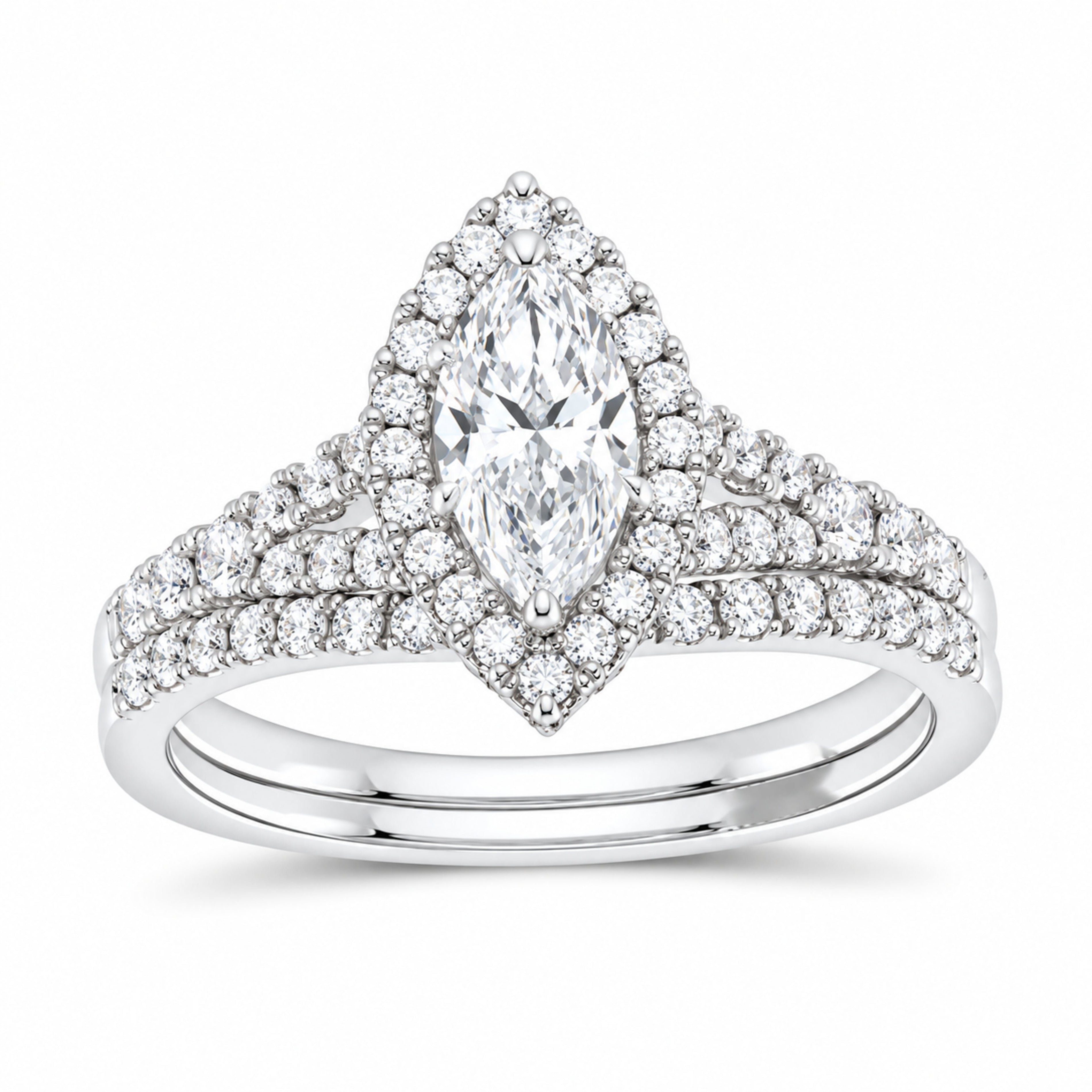 14K White Gold 1 3/8 CTW Lab-Grown Diamond Marquise Halo Bridal Ring Set — SKU 11813